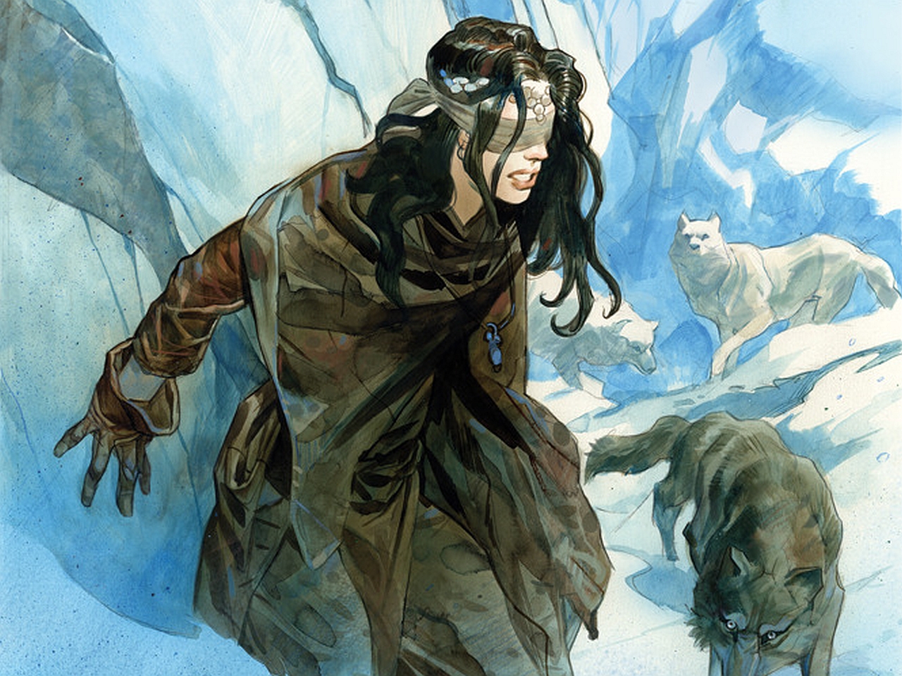 Blindfolded woman with wolves in snowy landscape HD Wallpaper