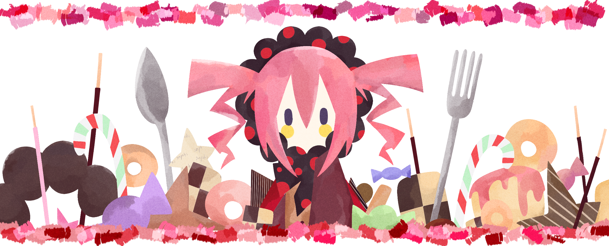 Charlotte from Puella Magi Madoka Magica surrounded by sweets HD Wallpaper