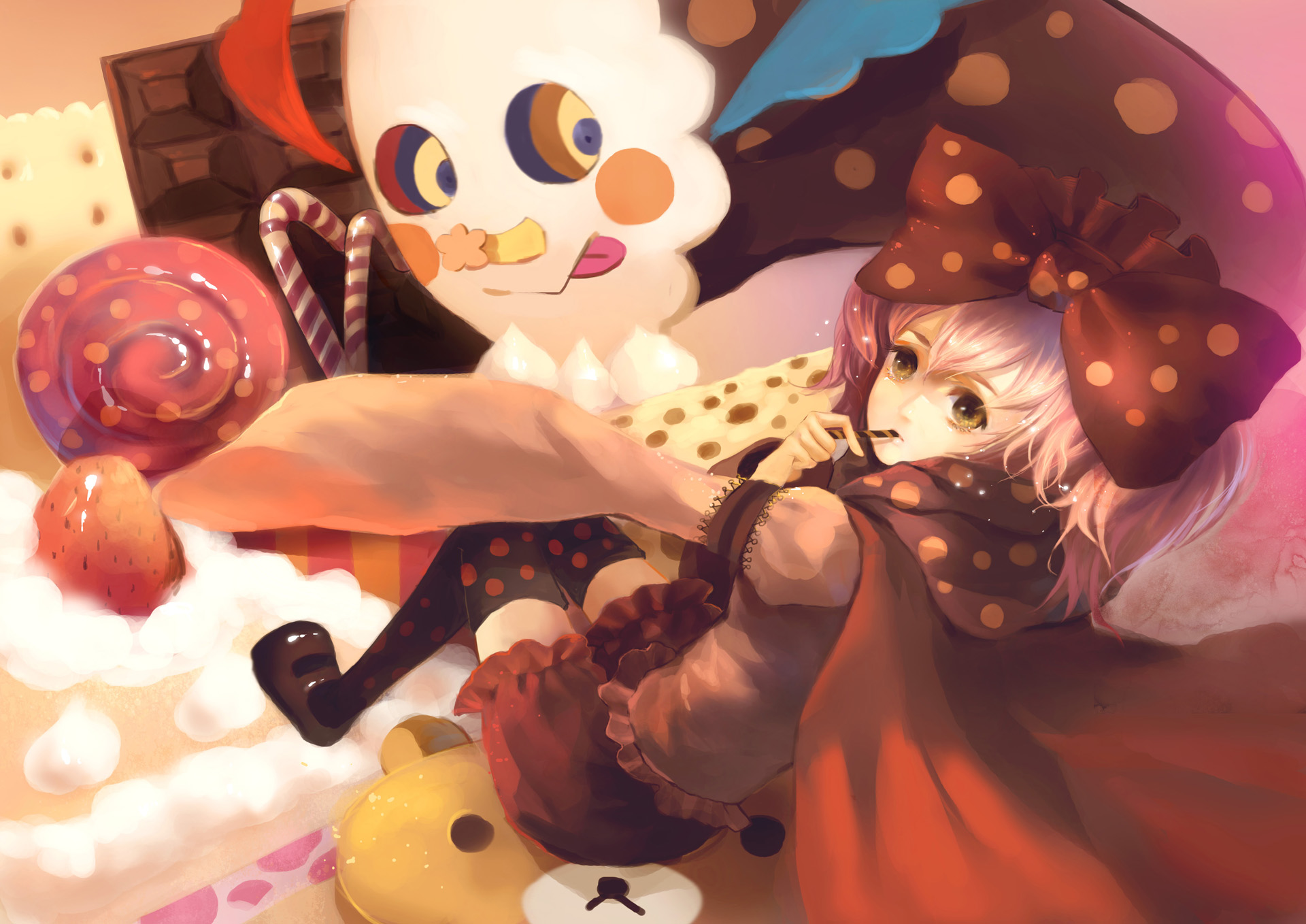 Charlotte from Puella Magi Madoka Magica surrounded by sweets HD Wallpaper