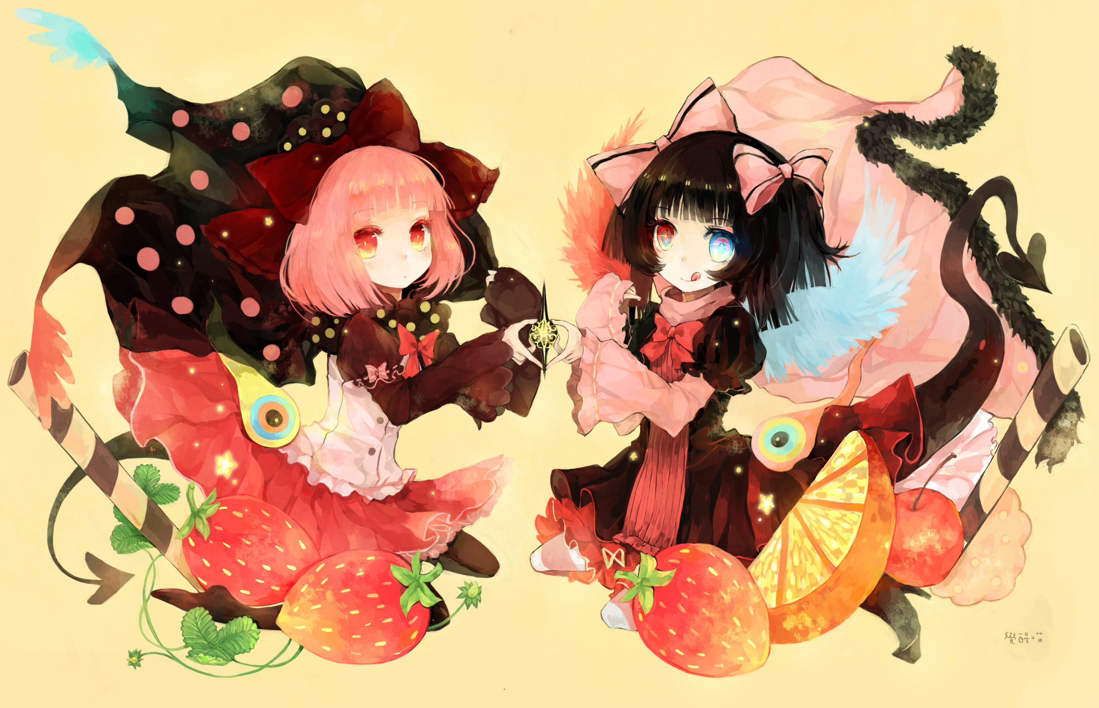 Two anime girls with fruits HD Wallpaper
