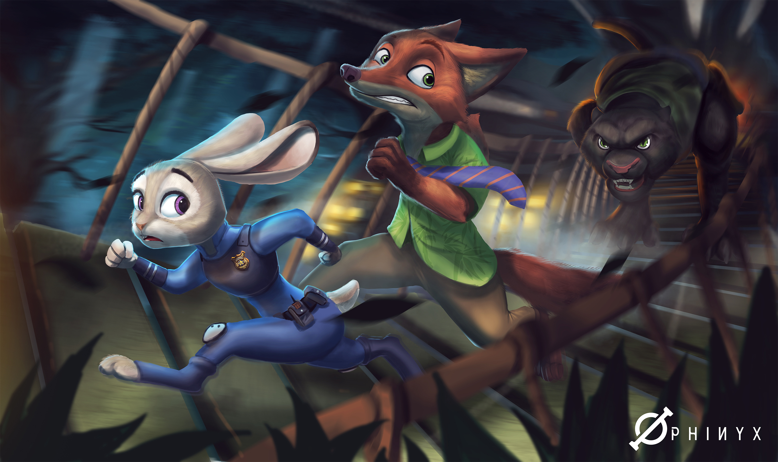 Judy Hopps and Nick Wilde running from a panther HD Wallpaper