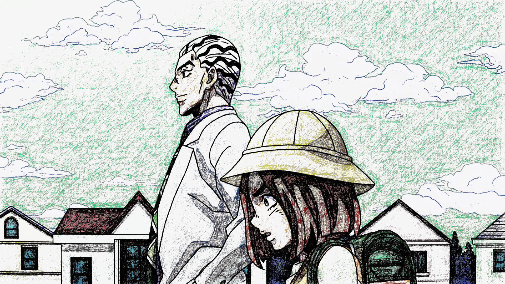 Kosaku Kawajiri and a girl in a suburban setting HD Wallpaper