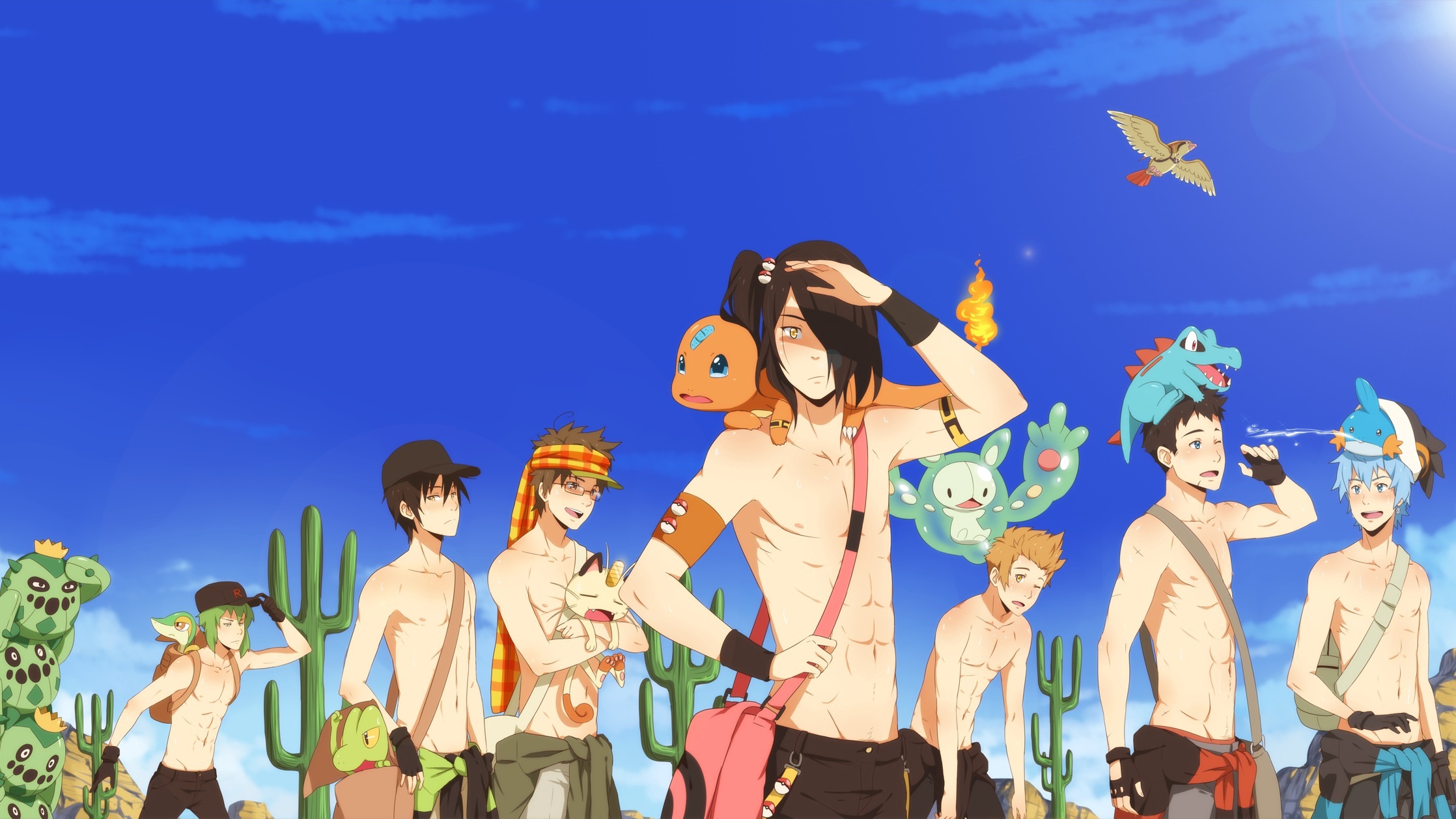 Group of shirtless men with Pokémon in a desert HD Wallpaper