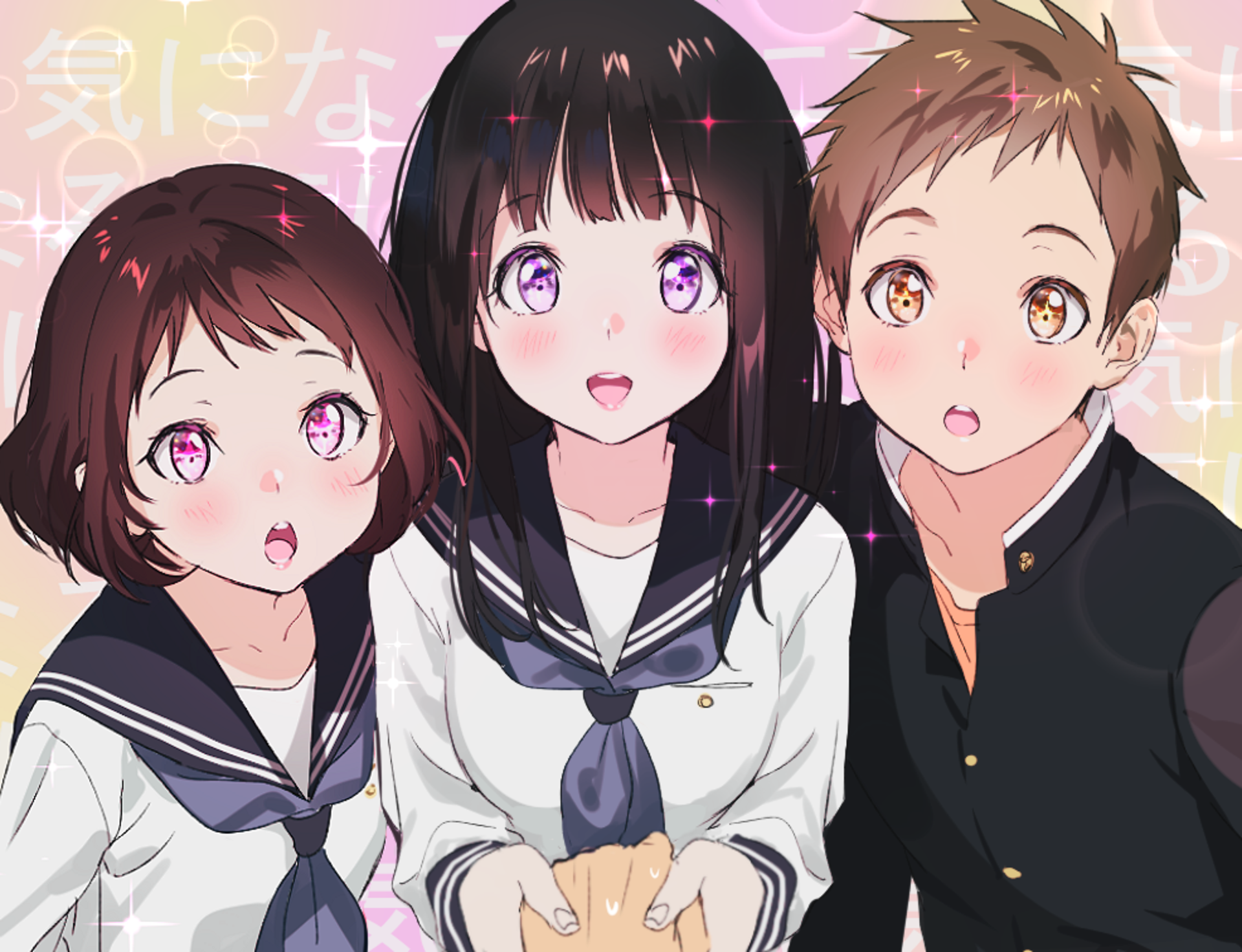 Three anime students in school uniforms HD Wallpaper