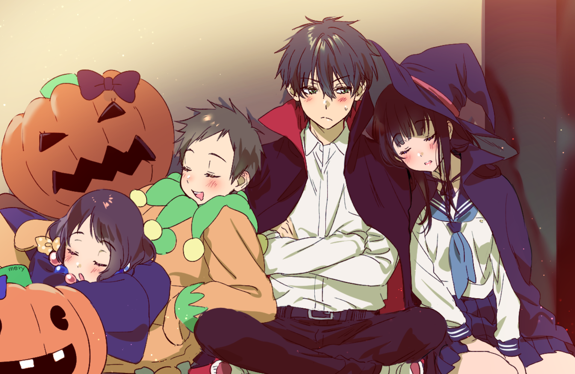 Four friends in Halloween costumes sleeping HD Wallpaper