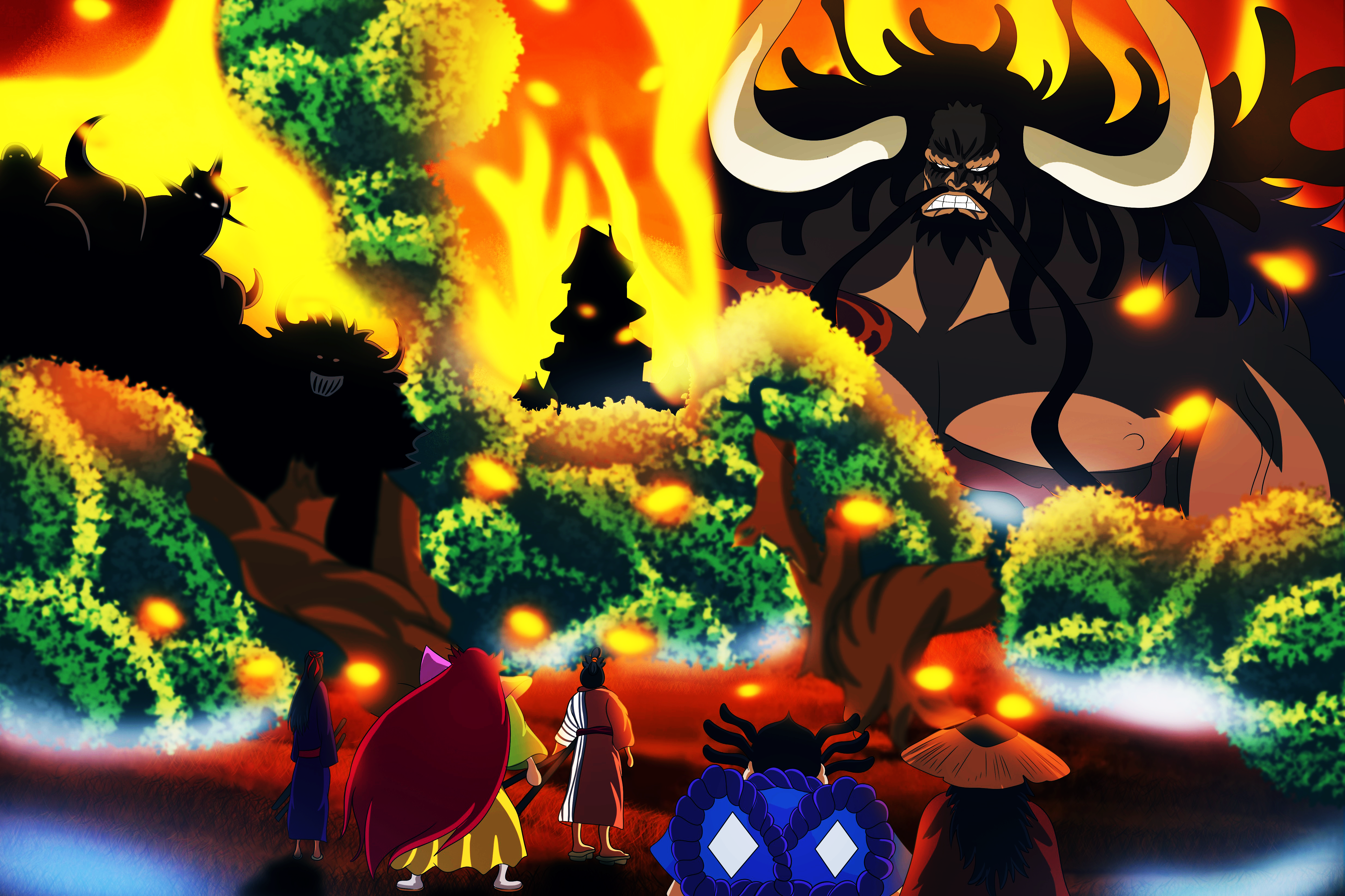Kaido from One Piece in a fiery landscape HD Wallpaper