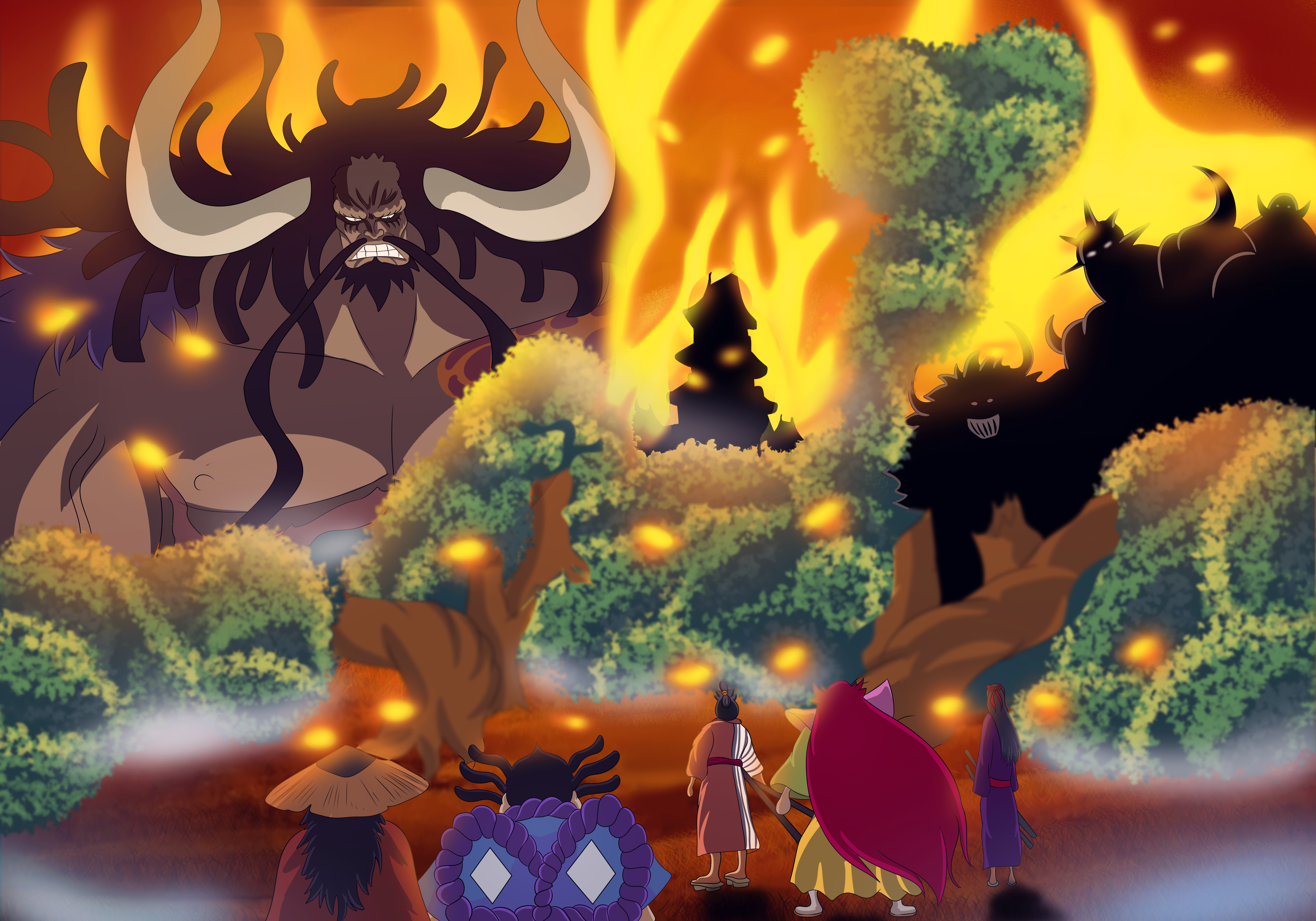 Kaido from One Piece in a burning landscape HD Wallpaper
