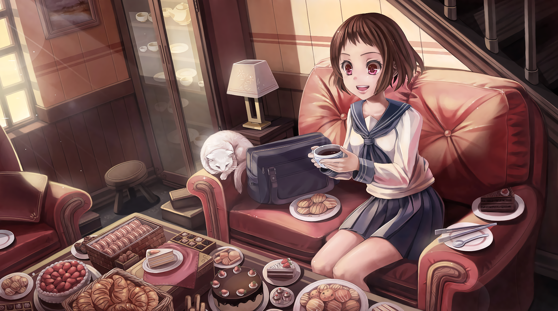 Mayaka Ibara enjoying tea and pastries HD Wallpaper