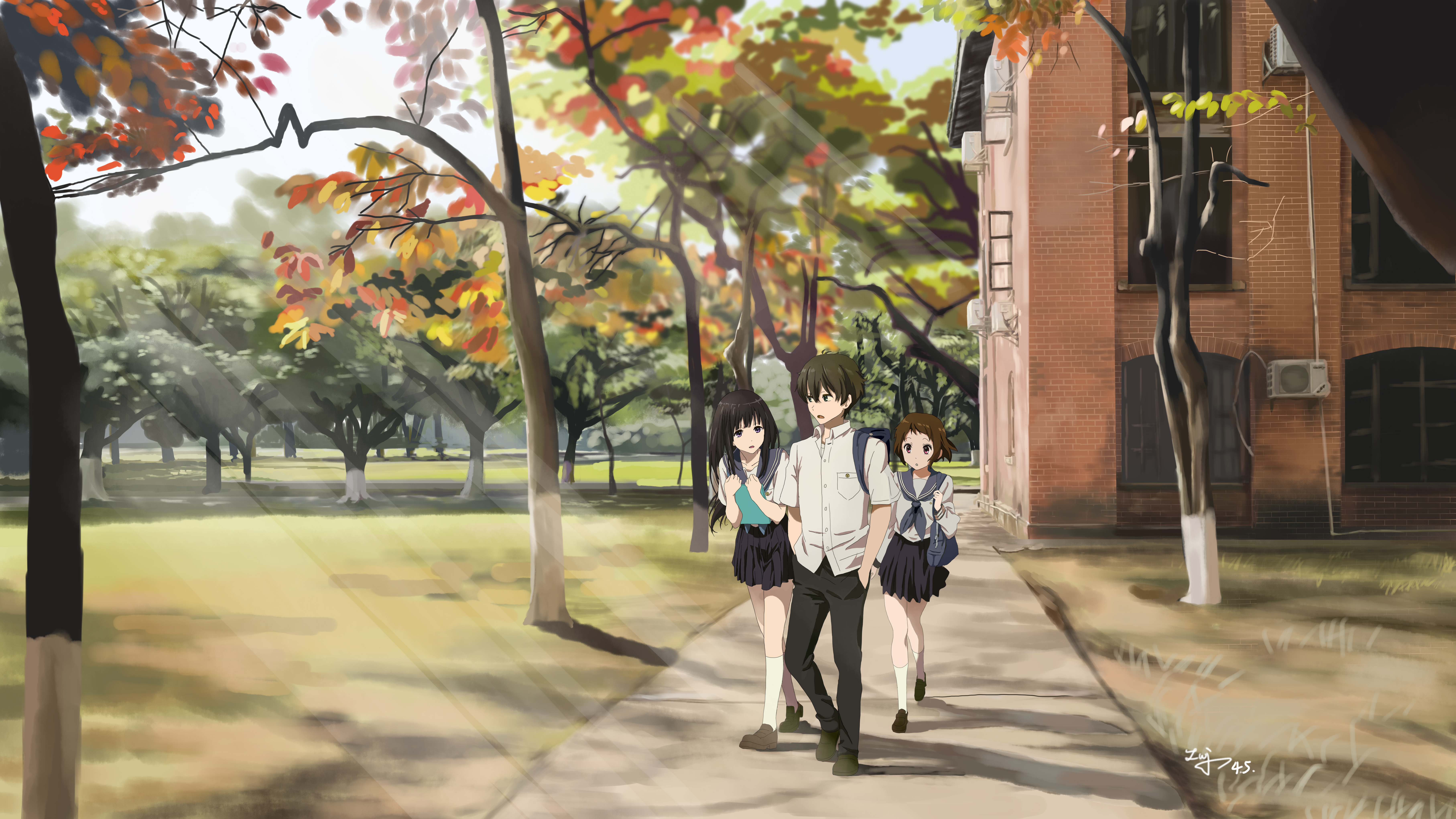 Hyouka: Mayaka Ibara and friends walking on campus HD Wallpaper