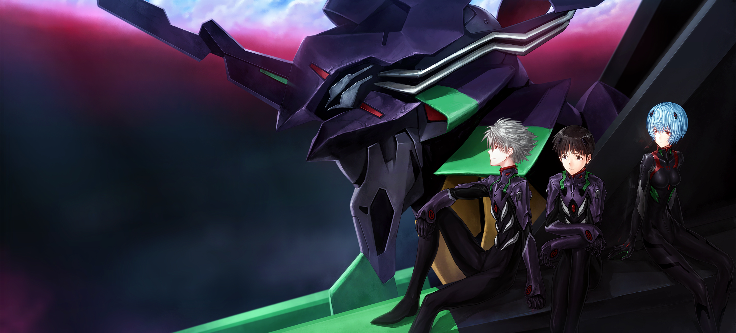 Evangelion Unit-01 with Shinji Ikari, Rei Ayanami, and Kaworu Nagisa HD Wallpaper