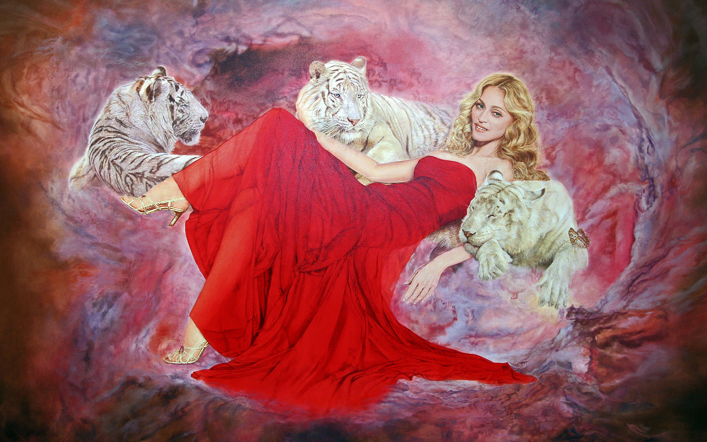 Madonna with White Tigers HD Wallpaper