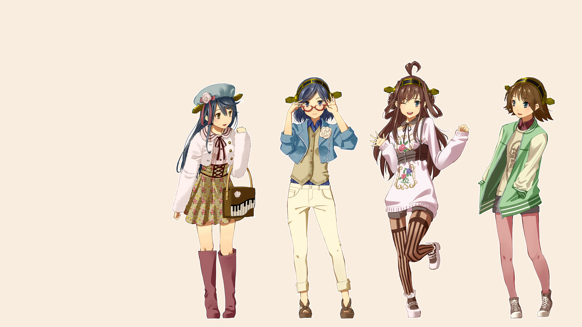 Four anime girls in fashionable outfits HD Wallpaper