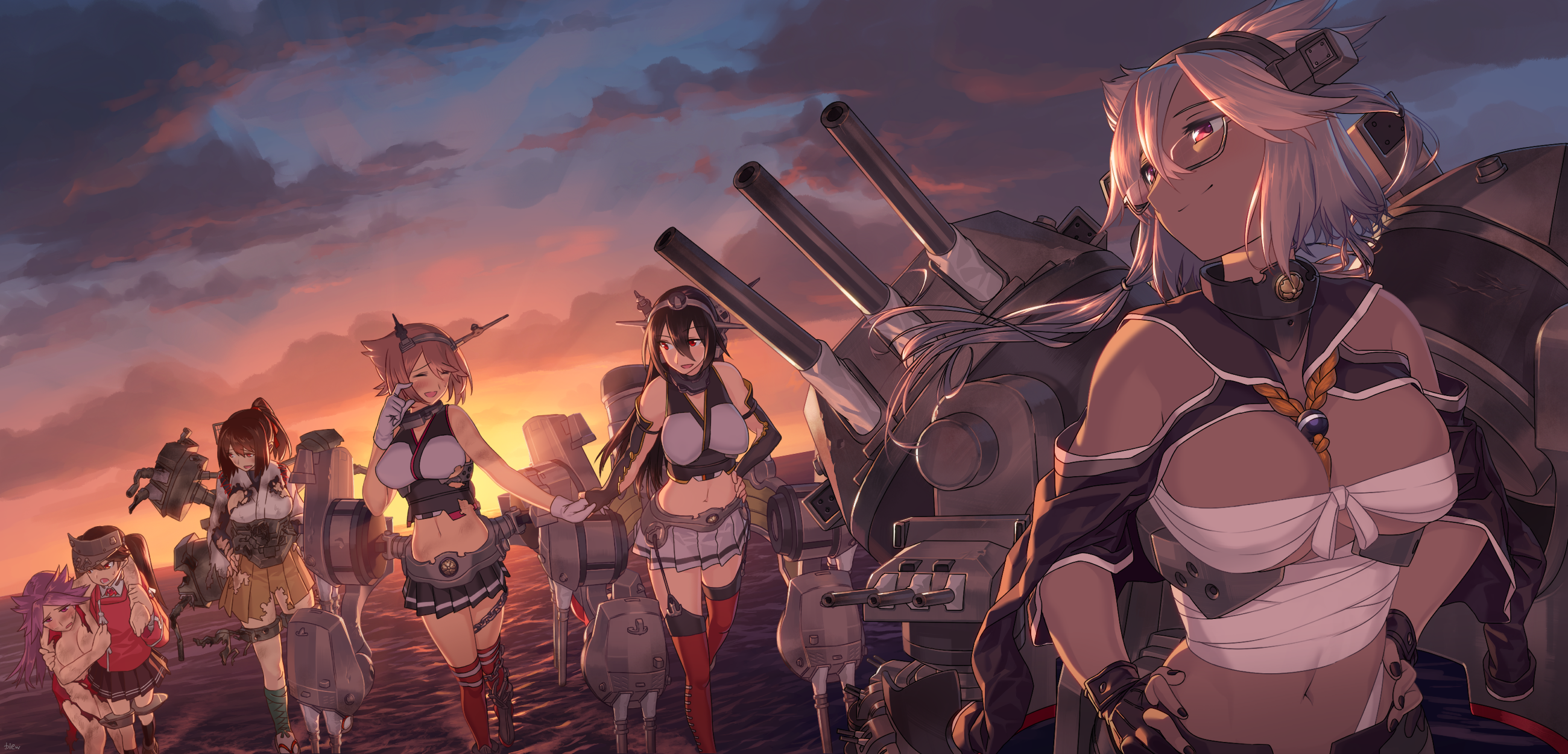Girls and Battleship Cannons at Sunset HD Wallpaper