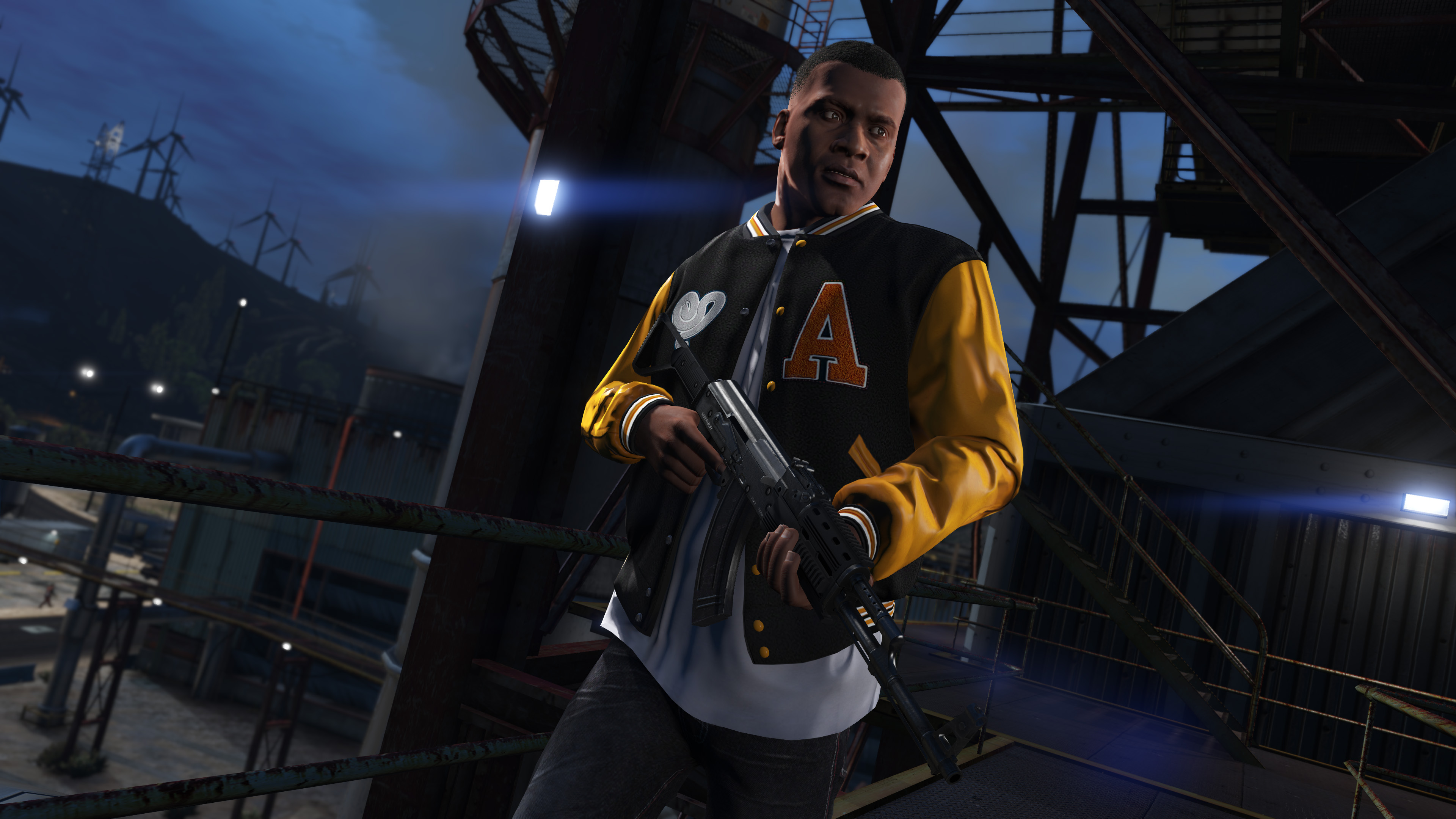 Franklin Clinton from Grand Theft Auto V holding a rifle HD Wallpaper