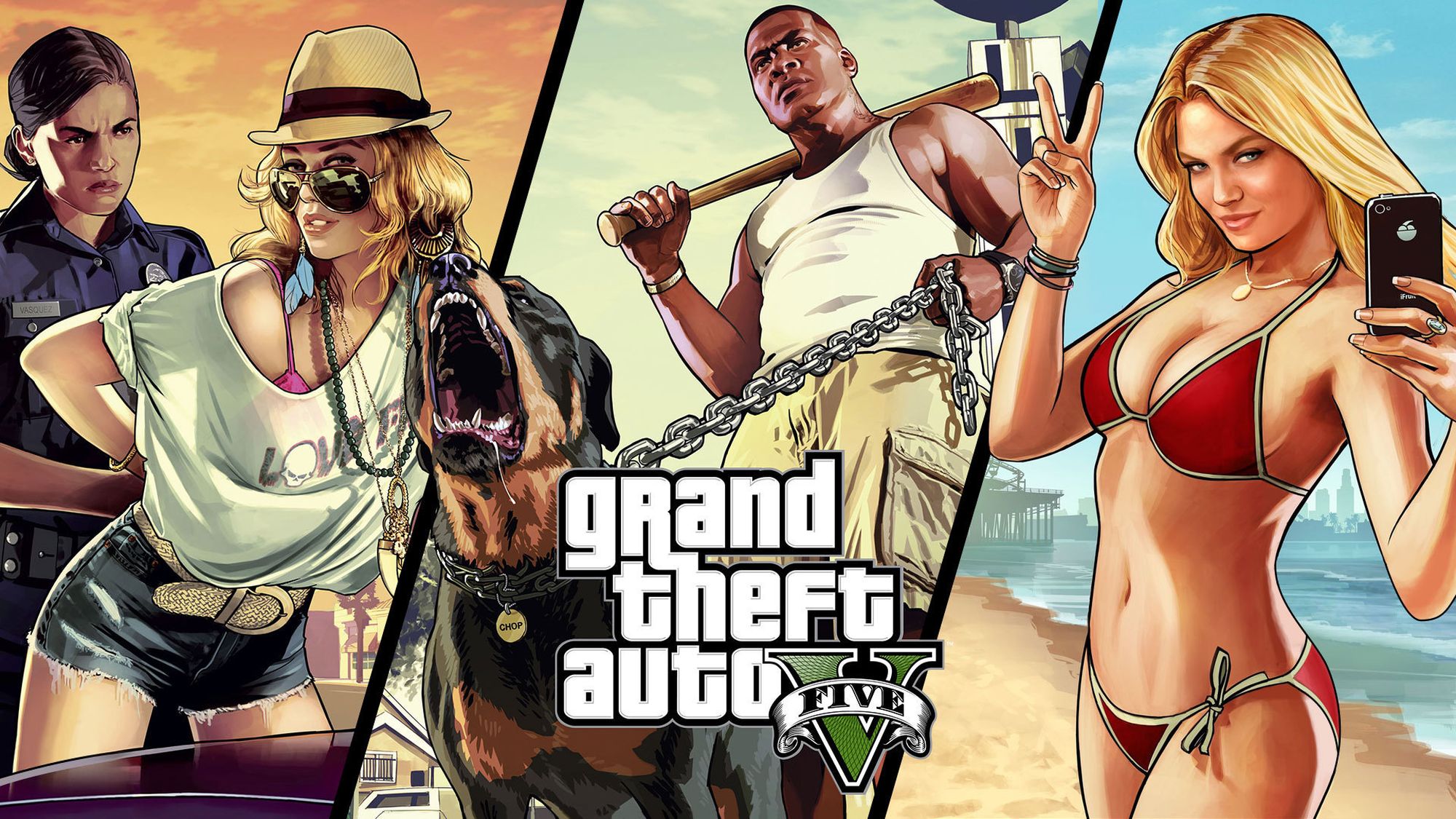 Grand Theft Auto V: Franklin Clinton, Chop, and others HD Wallpaper