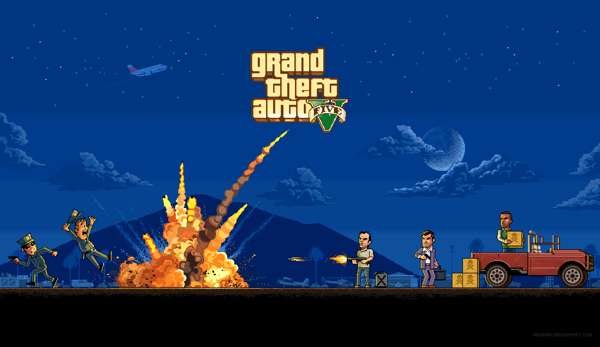 Grand Theft Auto V pixel art scene HD Wallpaper