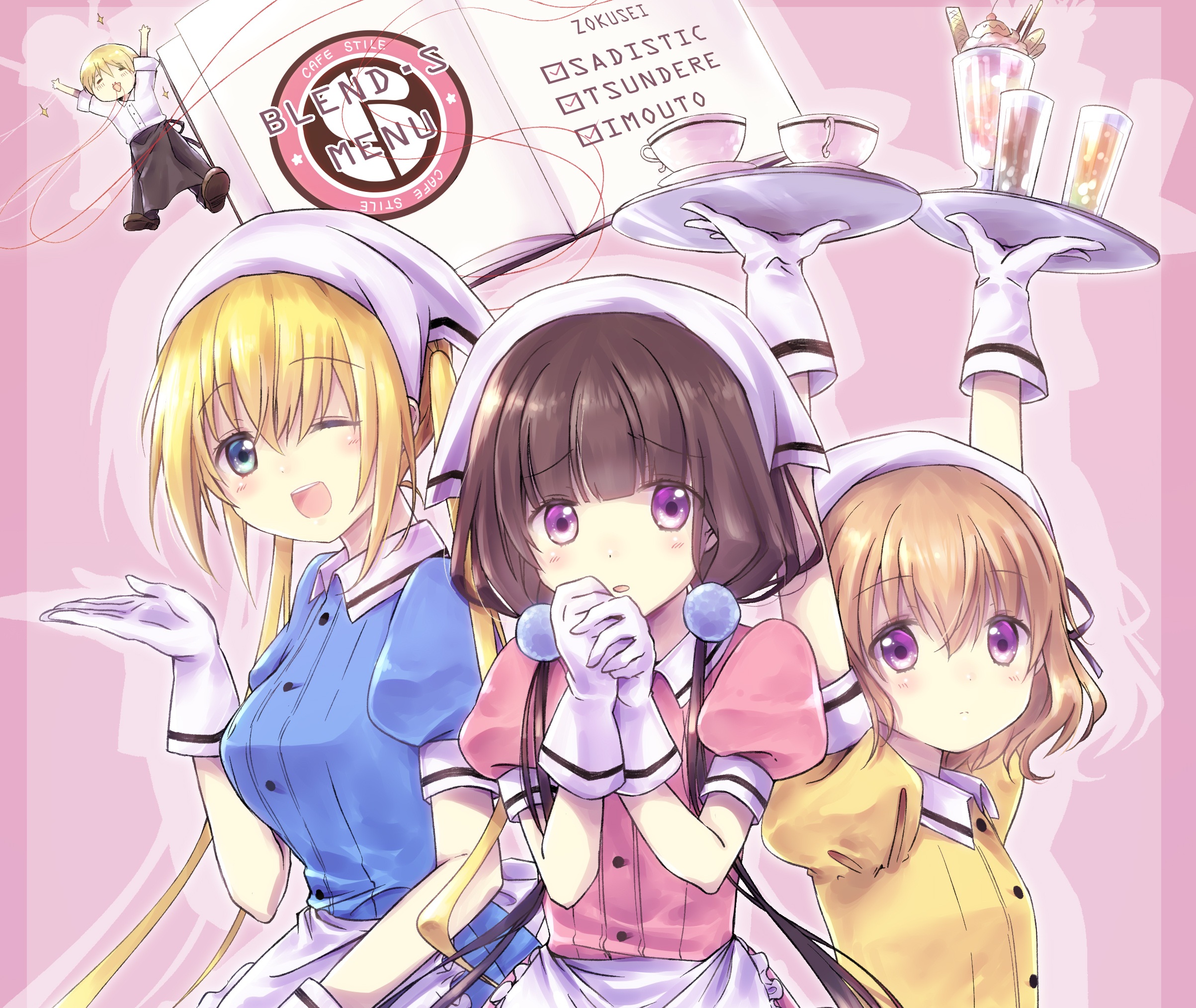 Kaho Hinata and maids in a cafe HD Wallpaper