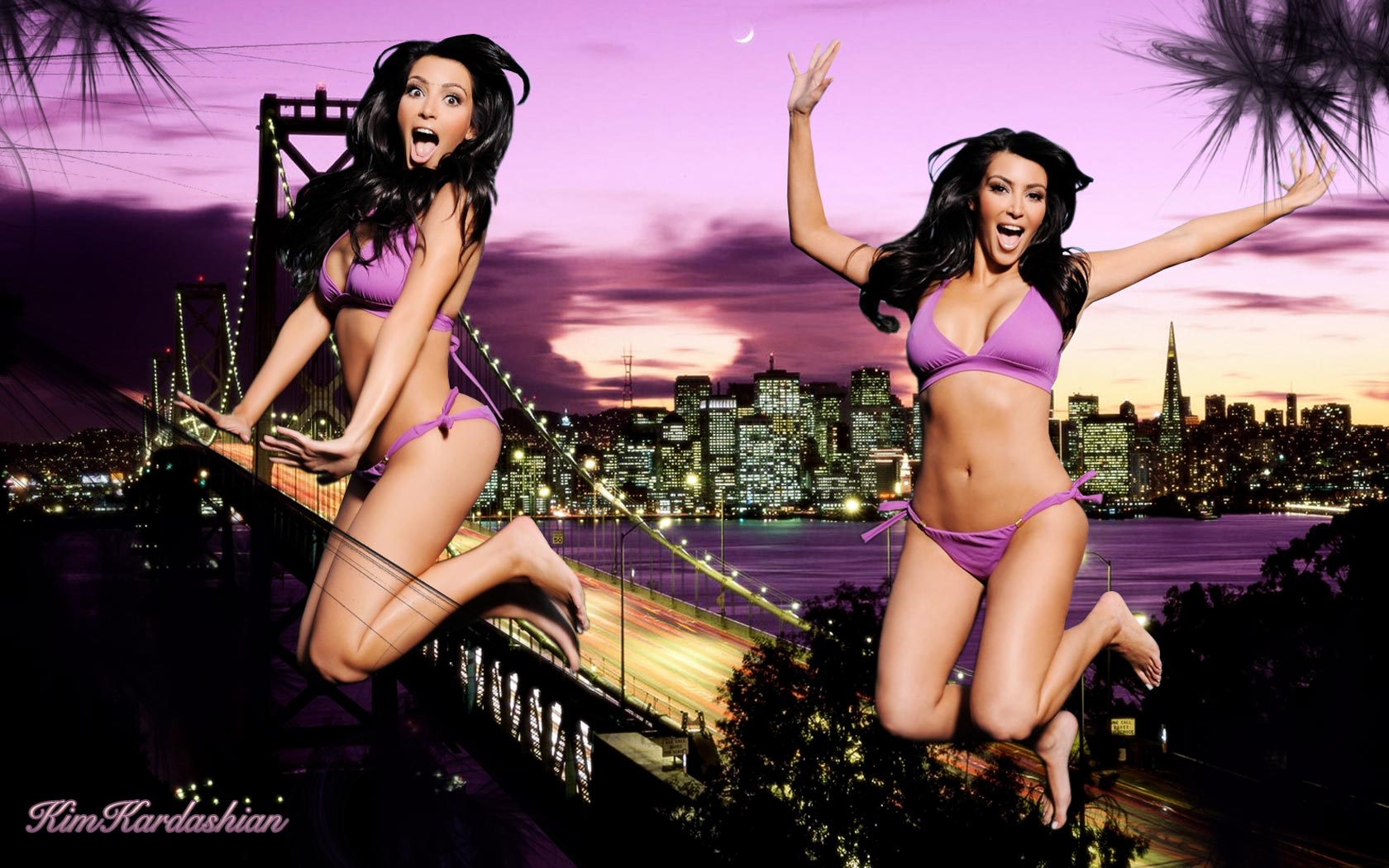 Kim Kardashian jumping over a bridge at night HD Wallpaper