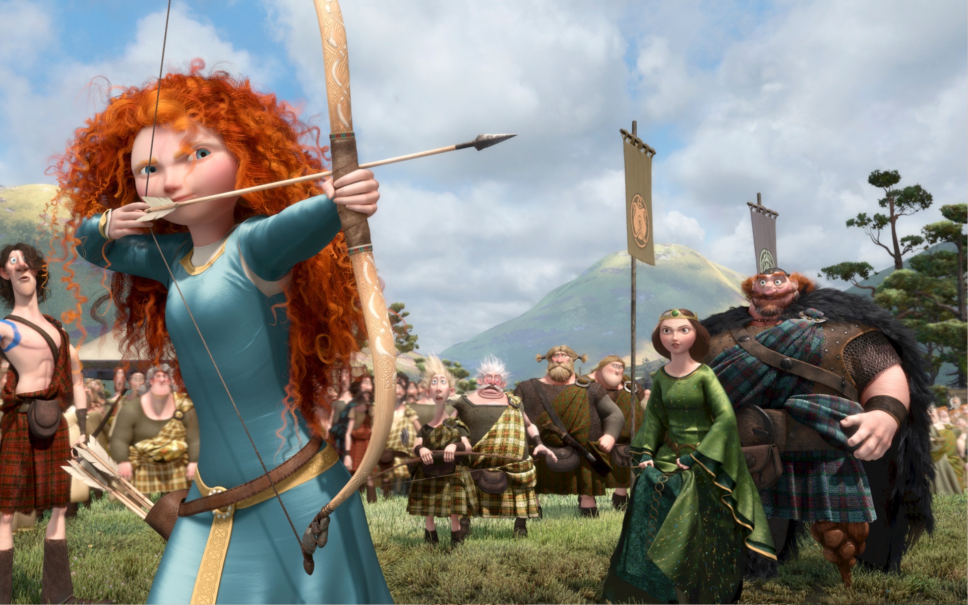Merida from Brave aiming a bow and arrow HD Wallpaper