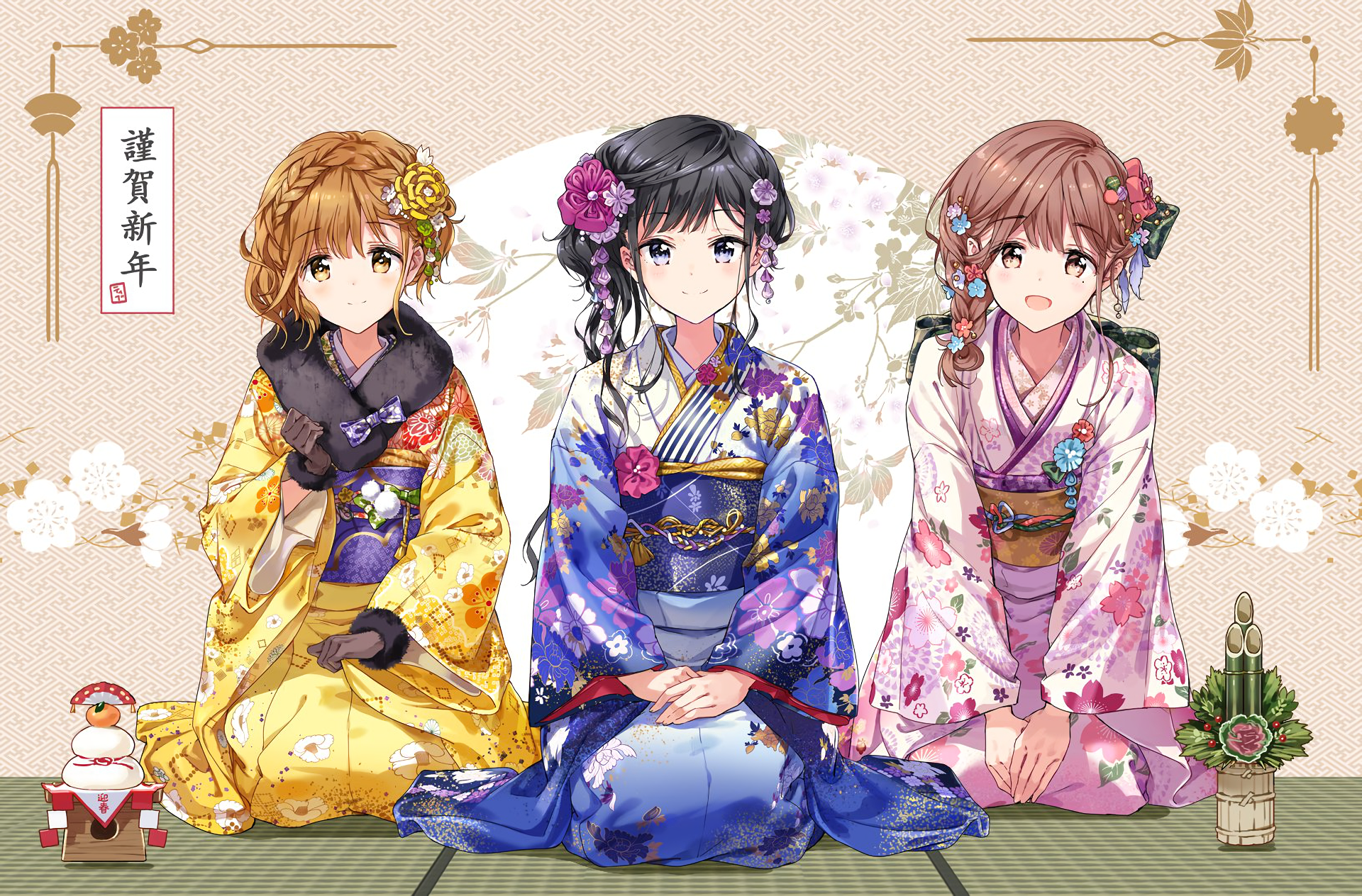 Three anime girls in kimonos for New Year HD Wallpaper