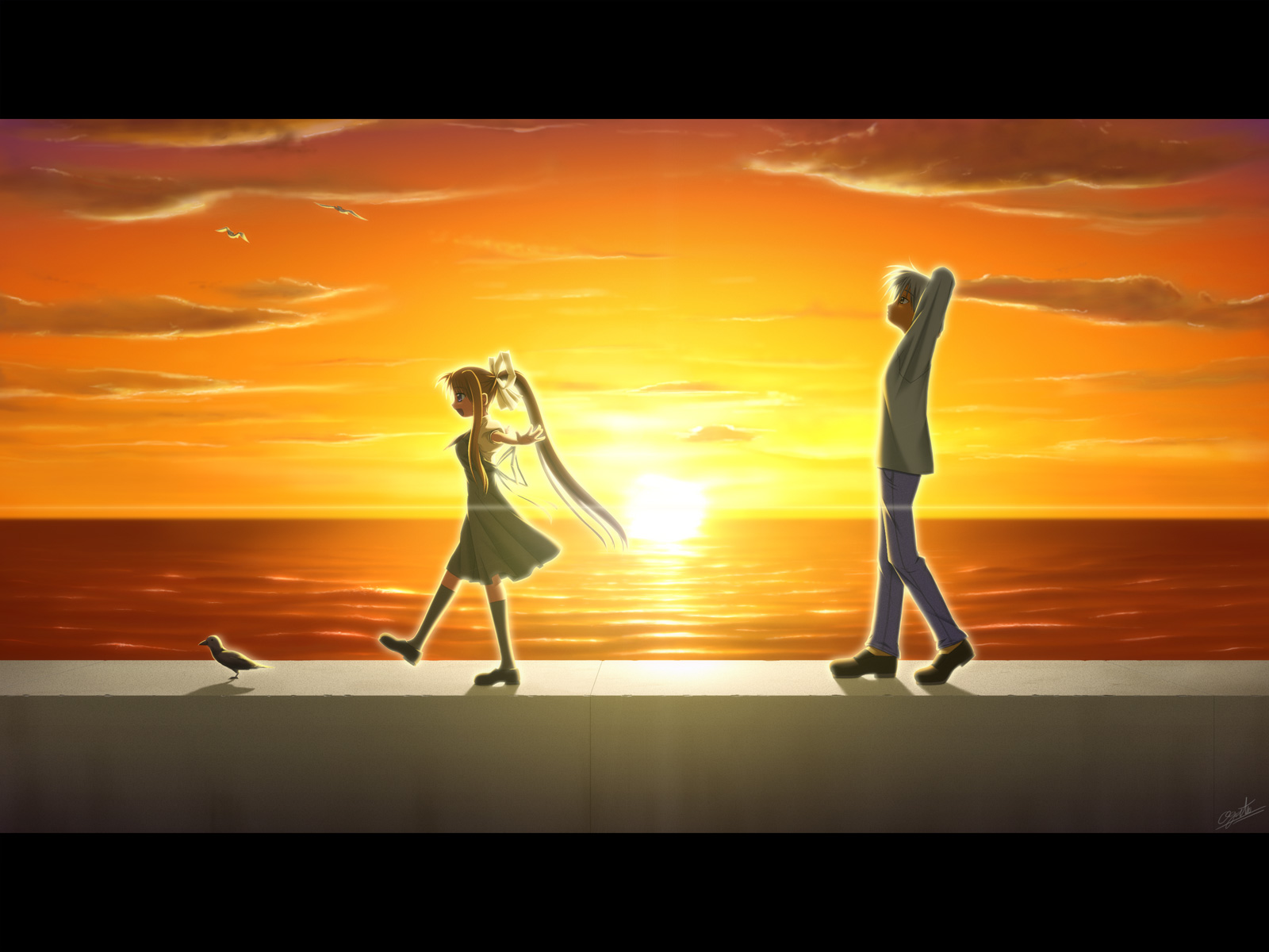 Yukito Kunisaki walking by the sea at sunset HD Wallpaper