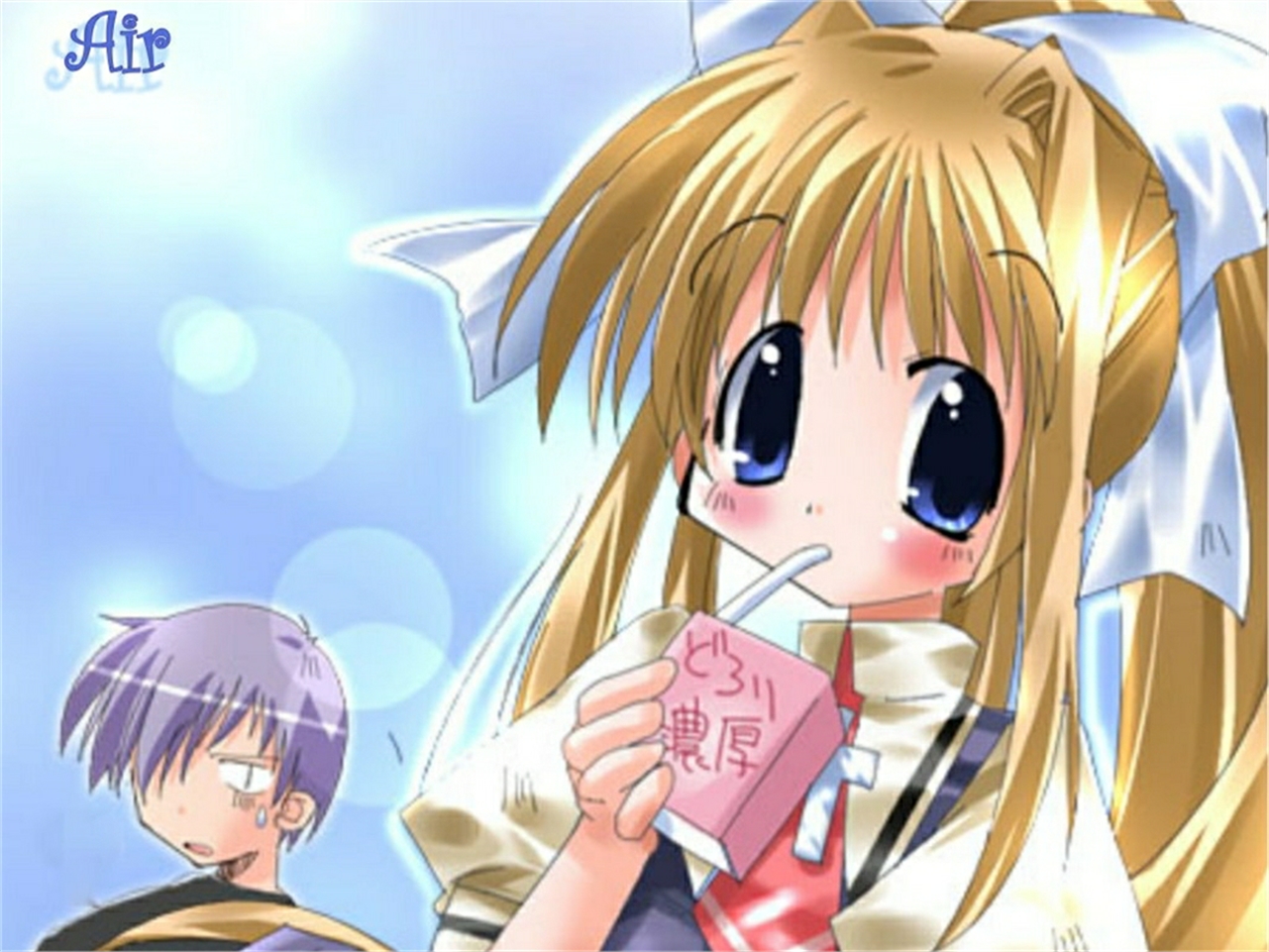 Girl drinking juice with boy in background from Air HD Wallpaper