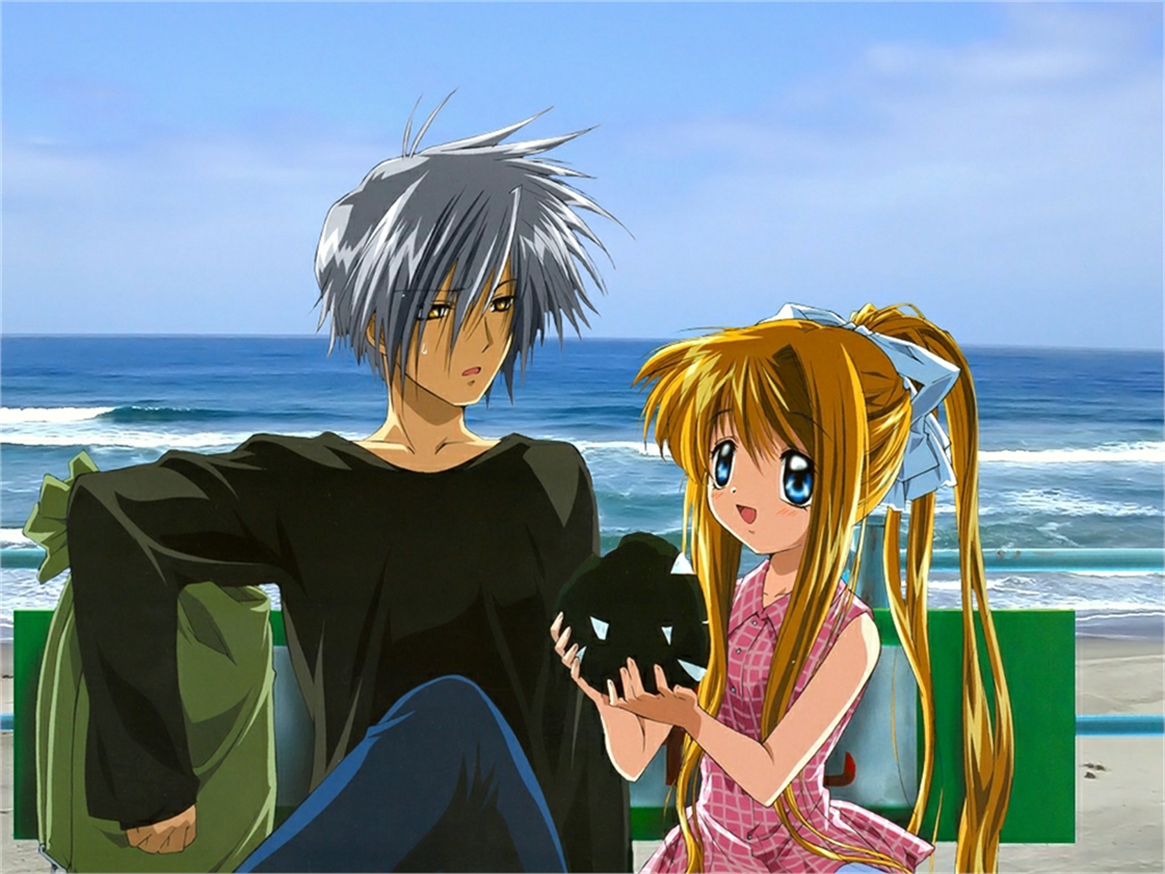 Yukito Kunisaki and girl on bench by the ocean HD Wallpaper