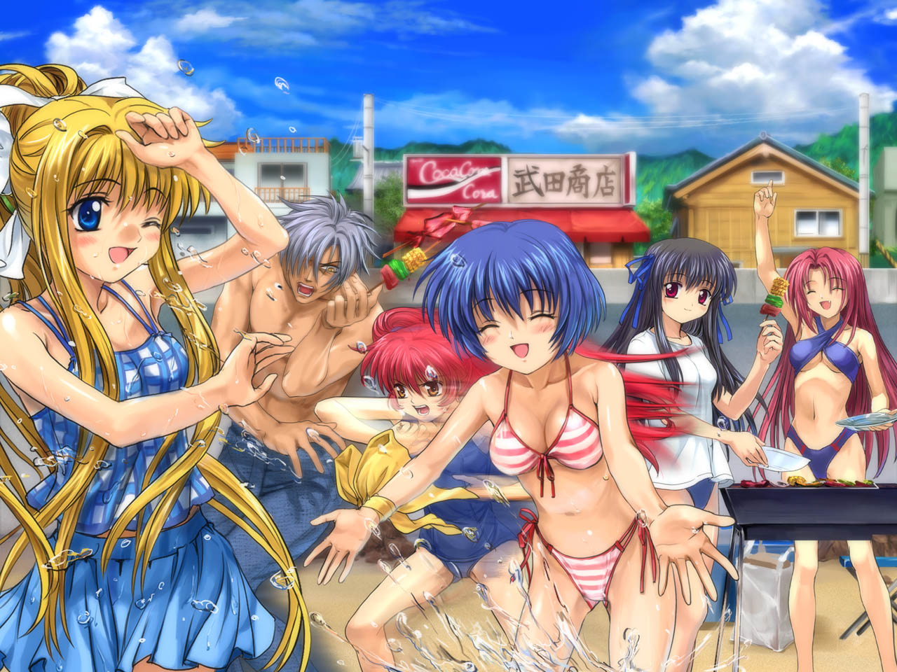 Anime characters at a beach barbecue HD Wallpaper