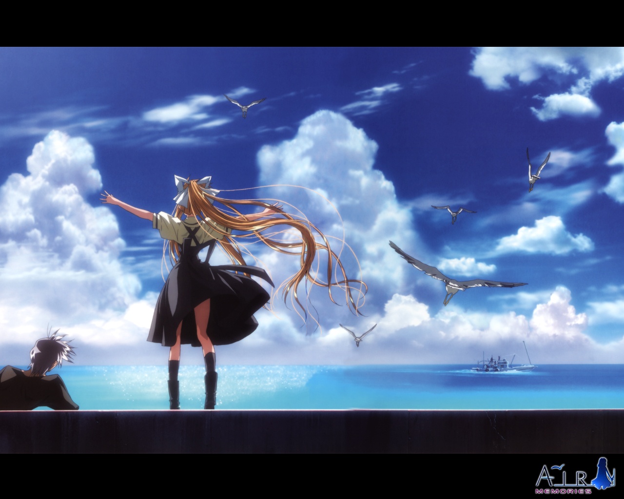 Girl and boy by the sea with birds HD Wallpaper