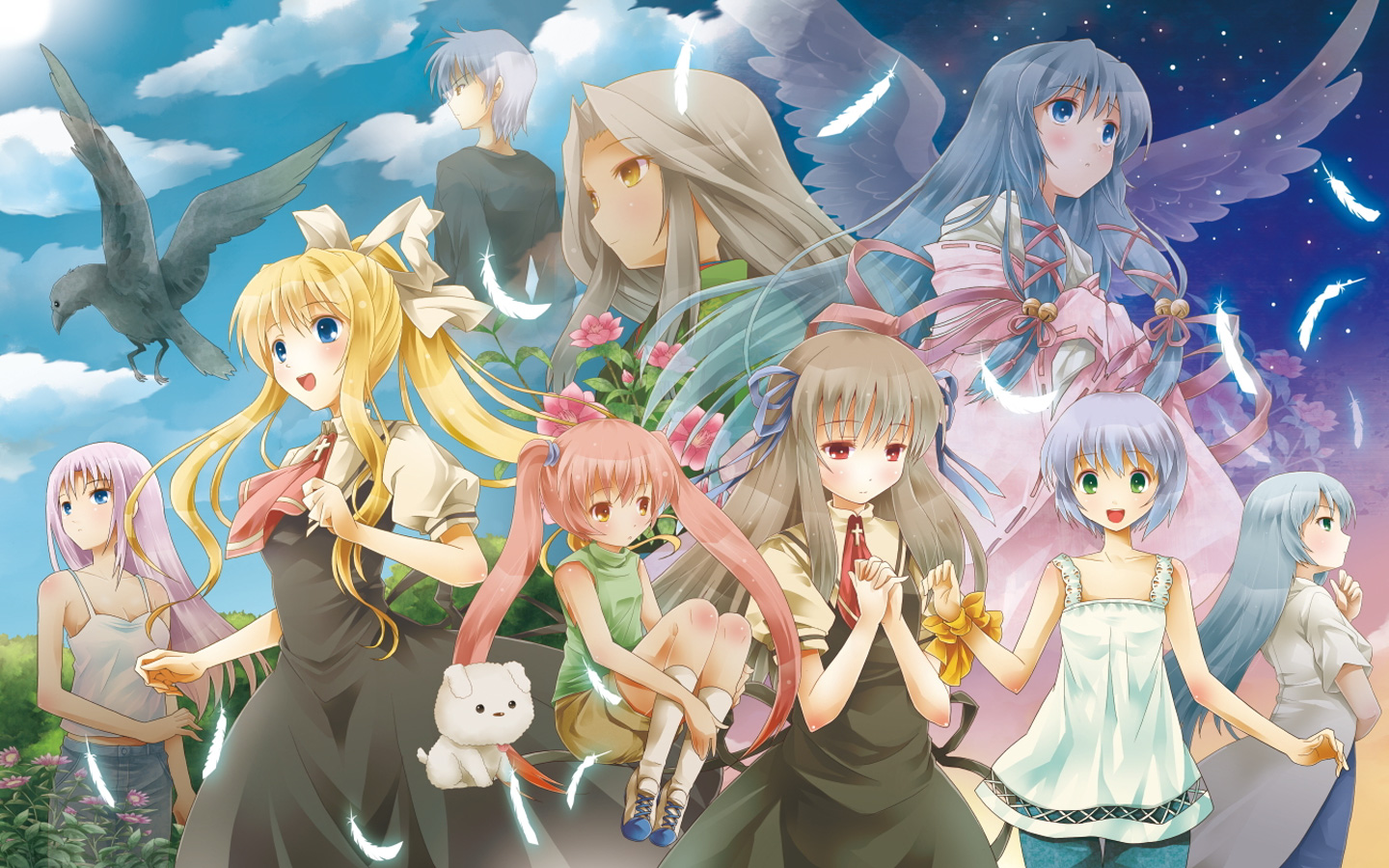 Anime characters with wings and a crow HD Wallpaper