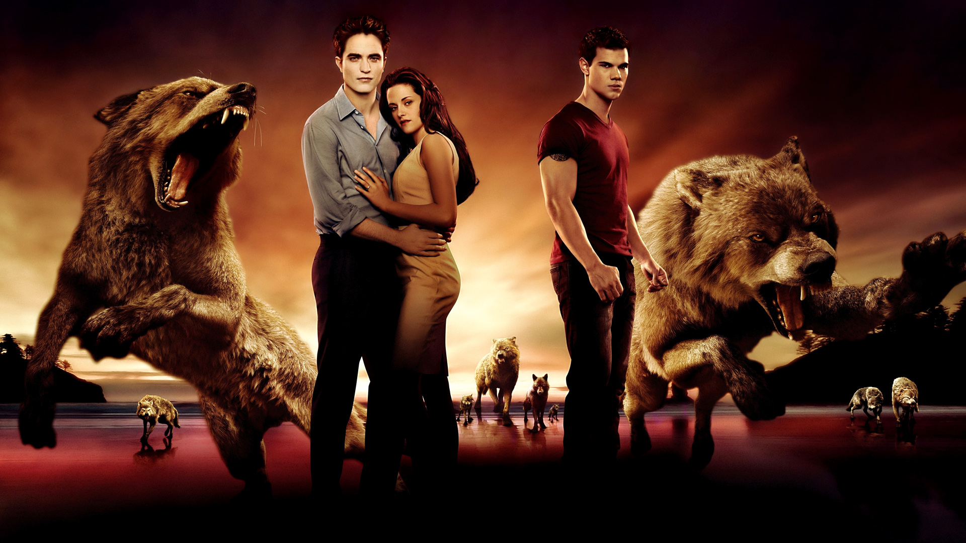 Bella Swan and Jacob Black with wolves from Twilight HD Wallpaper