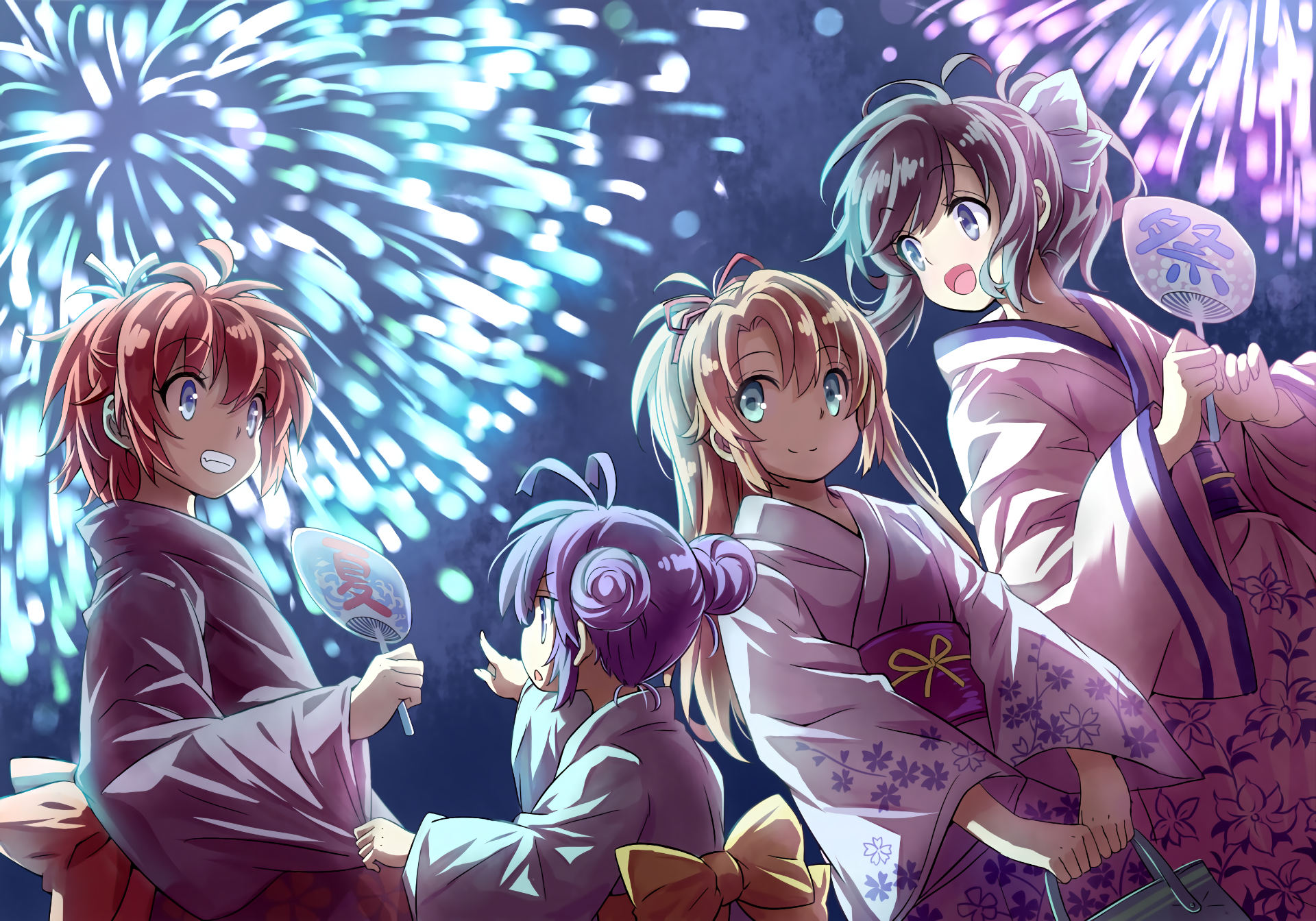 Girls in Yukatas Watching Fireworks HD Wallpaper