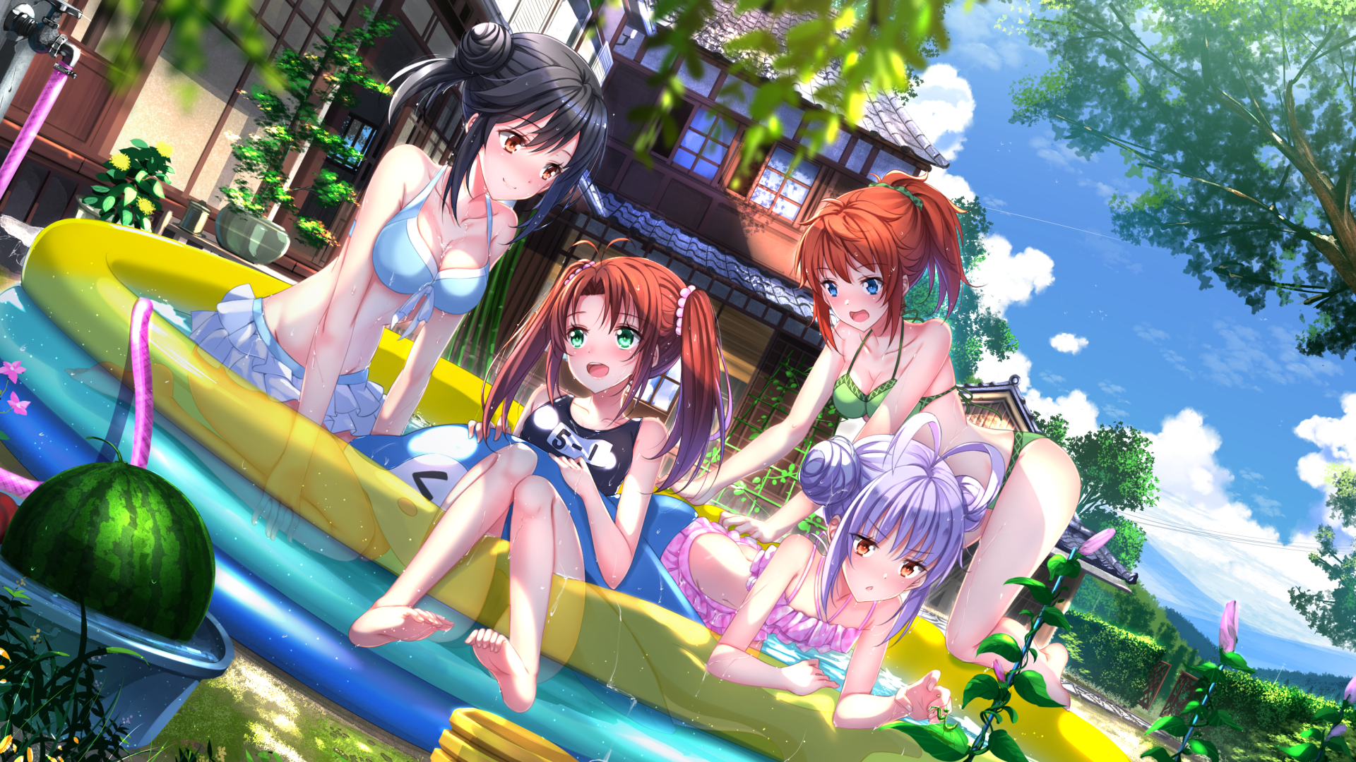 Four girls in swimsuits in an inflatable pool HD Wallpaper
