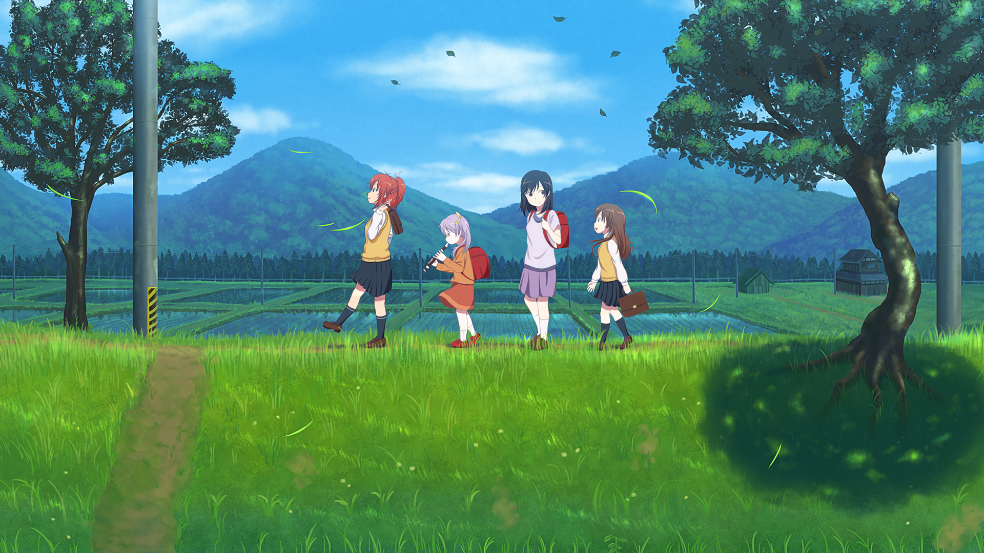 Renge Miyauchi and friends walking through a rural landscape HD Wallpaper