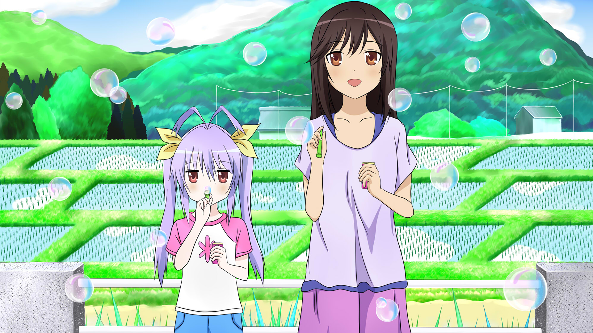 Renge Miyauchi blowing bubbles in rice fields HD Wallpaper