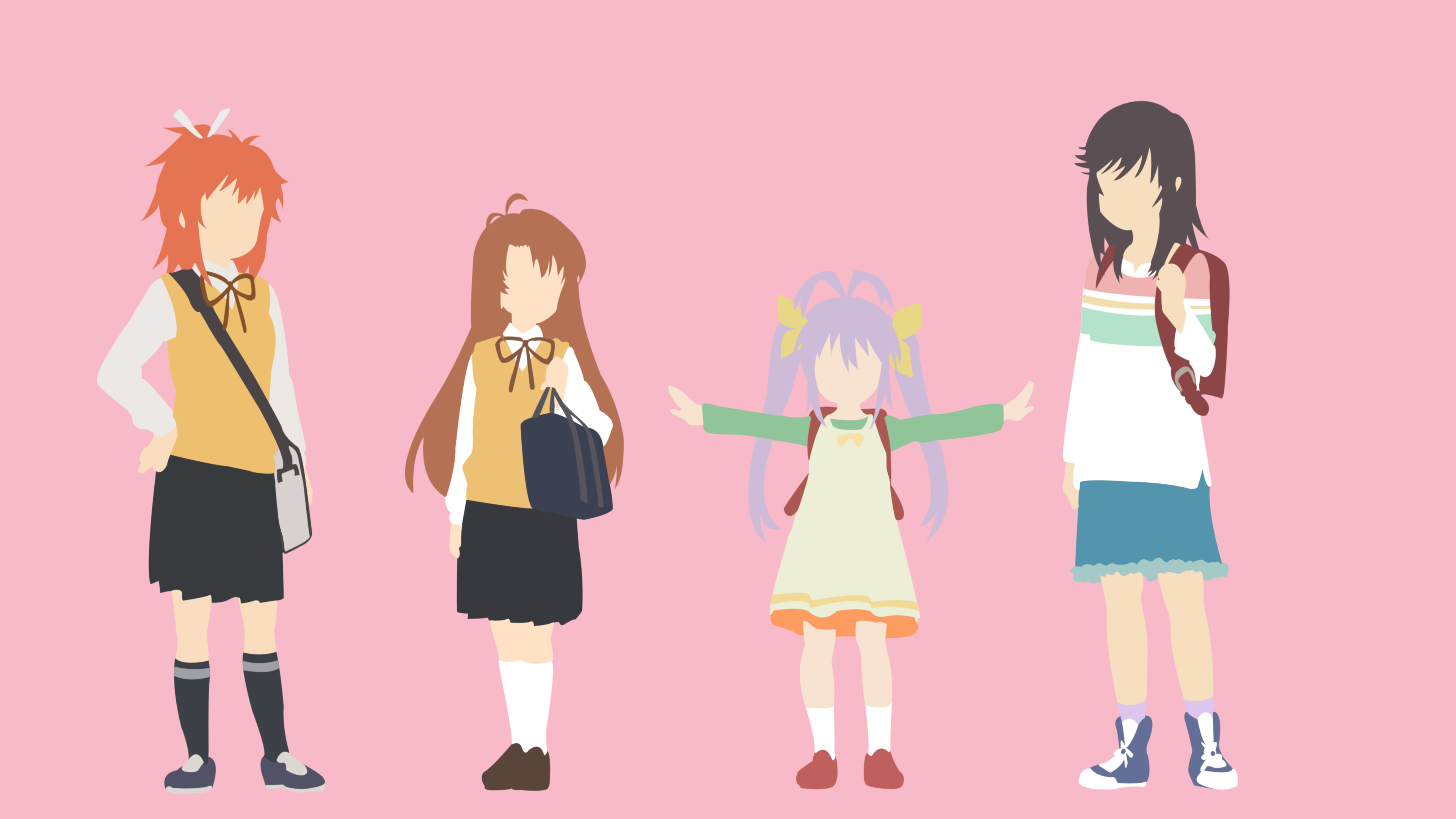 Four anime girls with backpacks on pink background HD Wallpaper