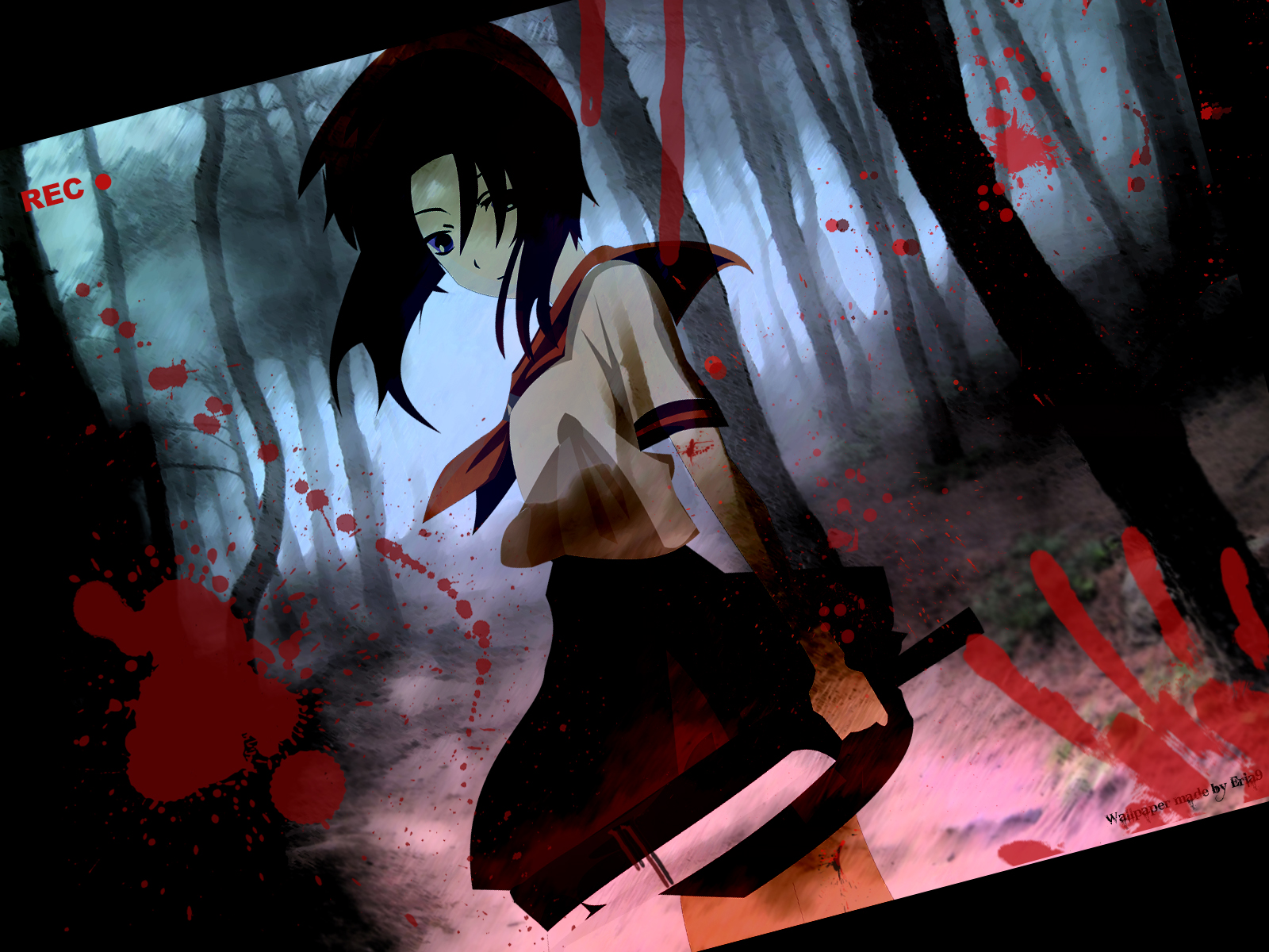 Rena Ryugu with a cleaver in a forest HD Wallpaper