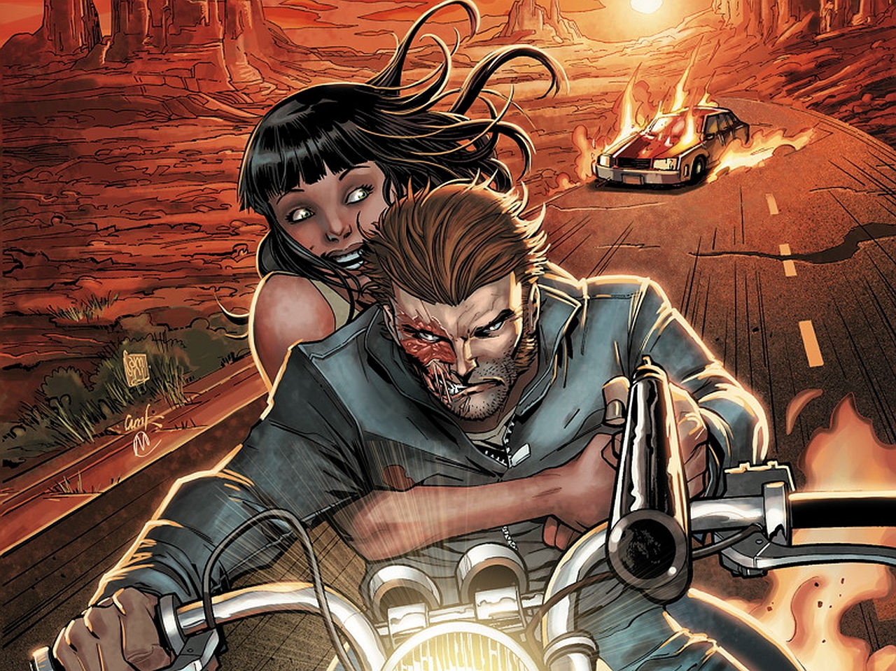 Jonah Hex riding a motorcycle with a woman HD Wallpaper
