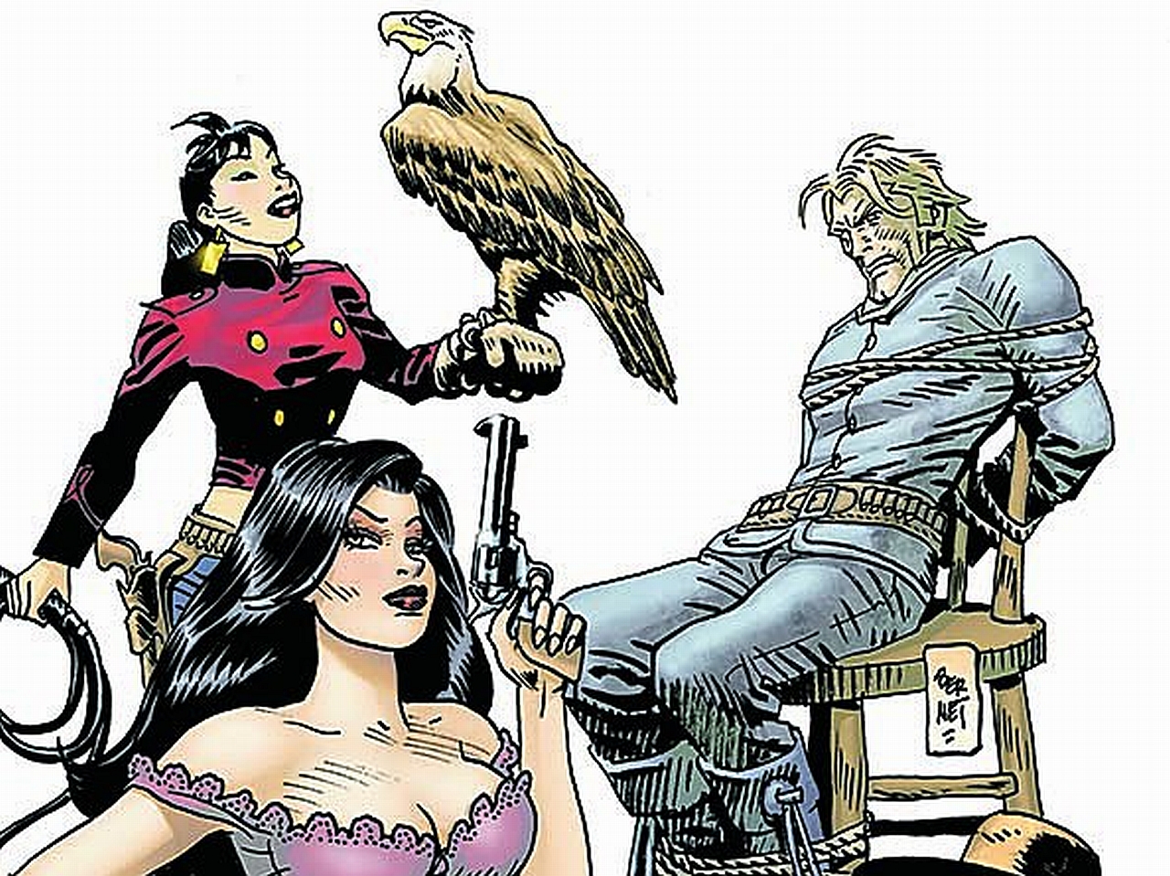 Jonah Hex: Two women and an eagle with a tied-up man HD Wallpaper
