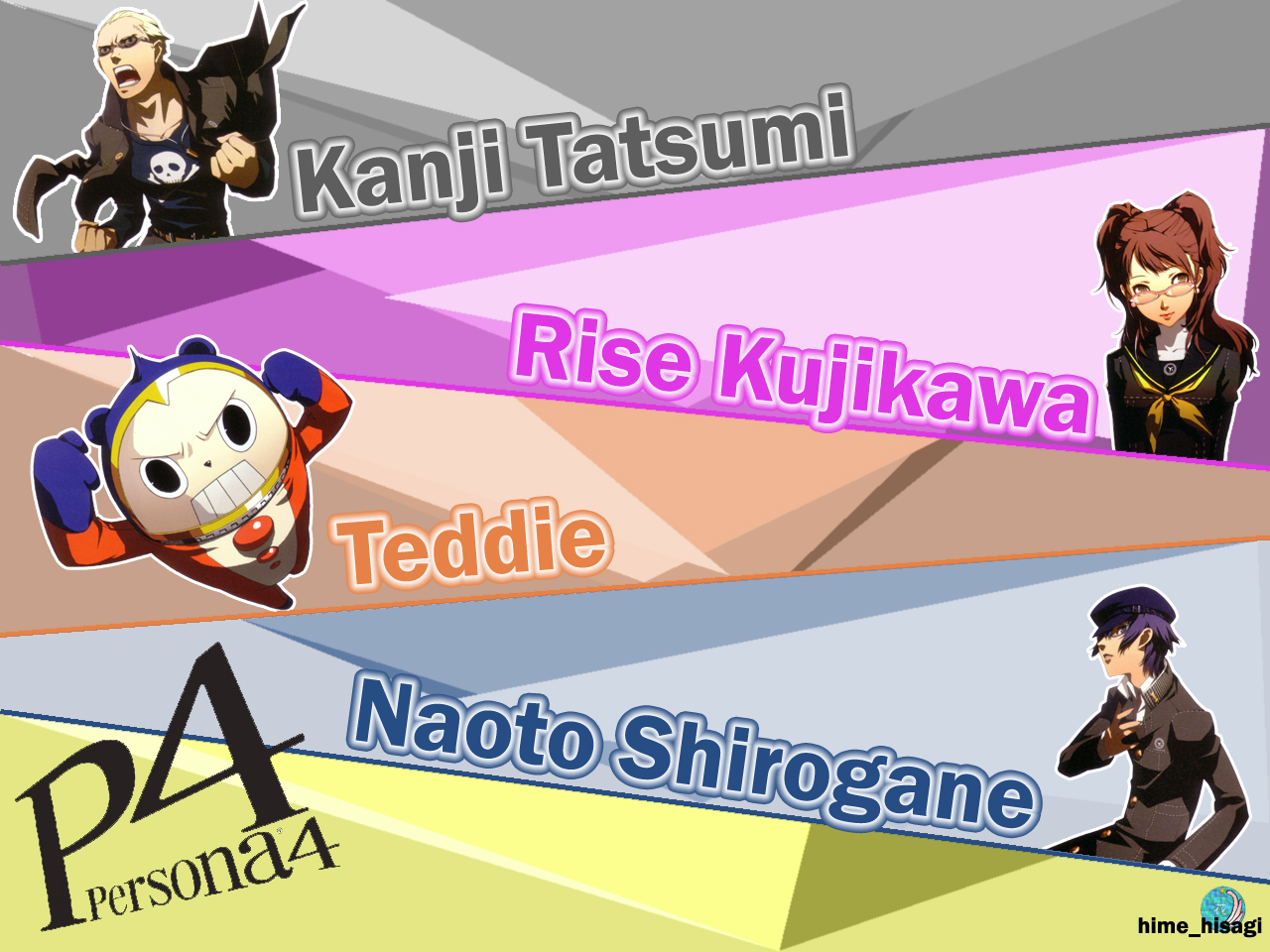 Persona 4 characters Kanji Tatsumi, Rise Kujikawa, Teddie, and Naoto Shirogane HD Wallpaper