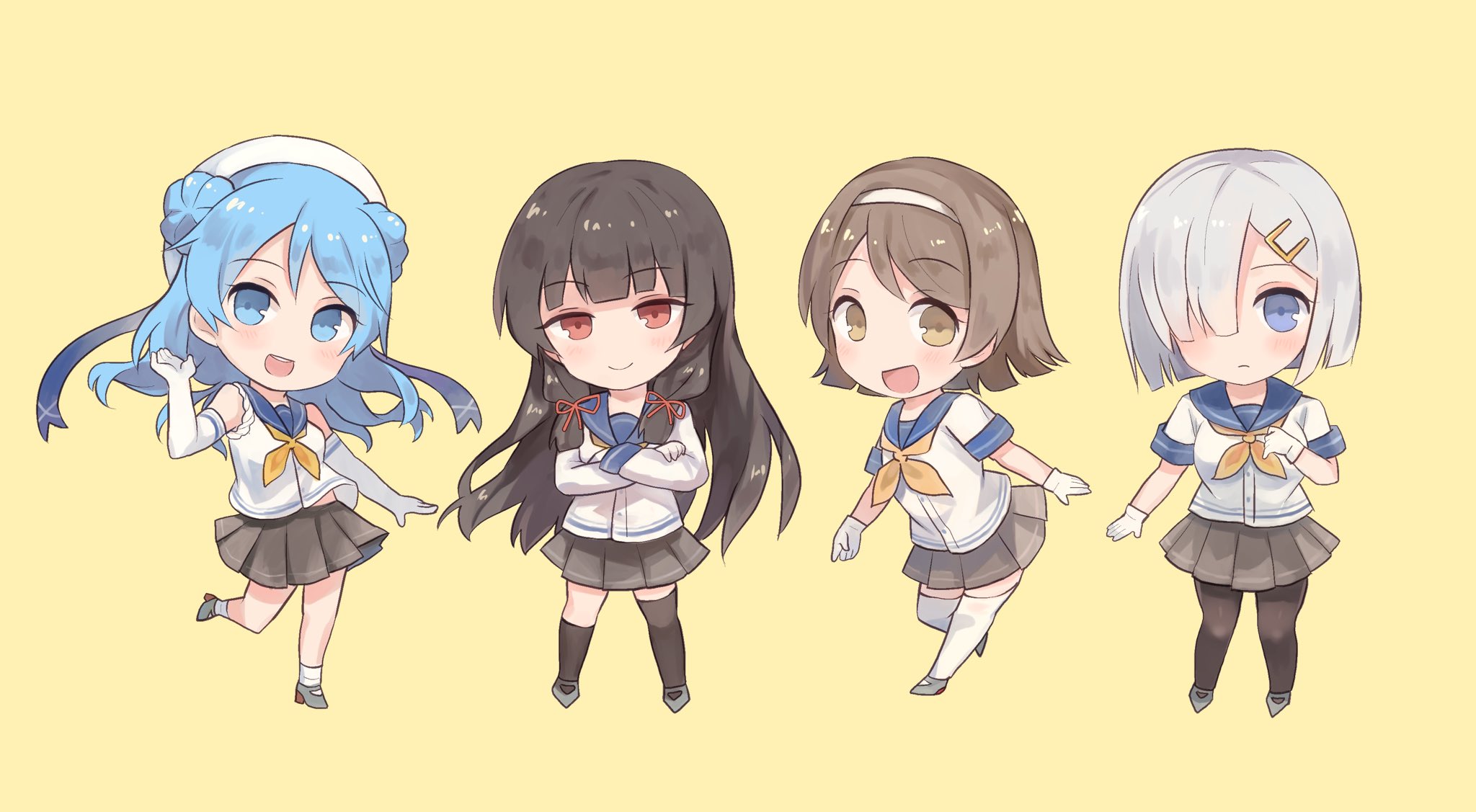Four chibi girls in sailor uniforms HD Wallpaper