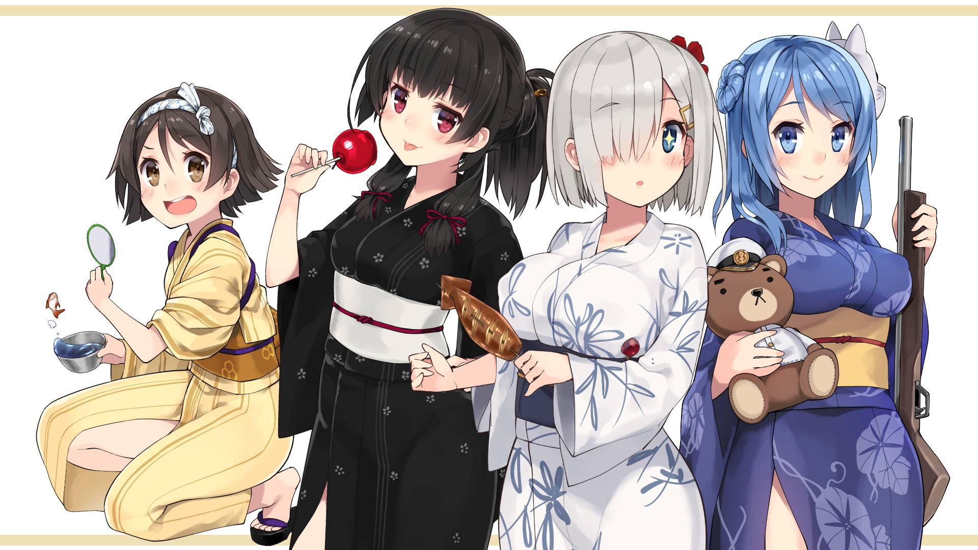 Four girls in kimonos with treats and a rifle HD Wallpaper