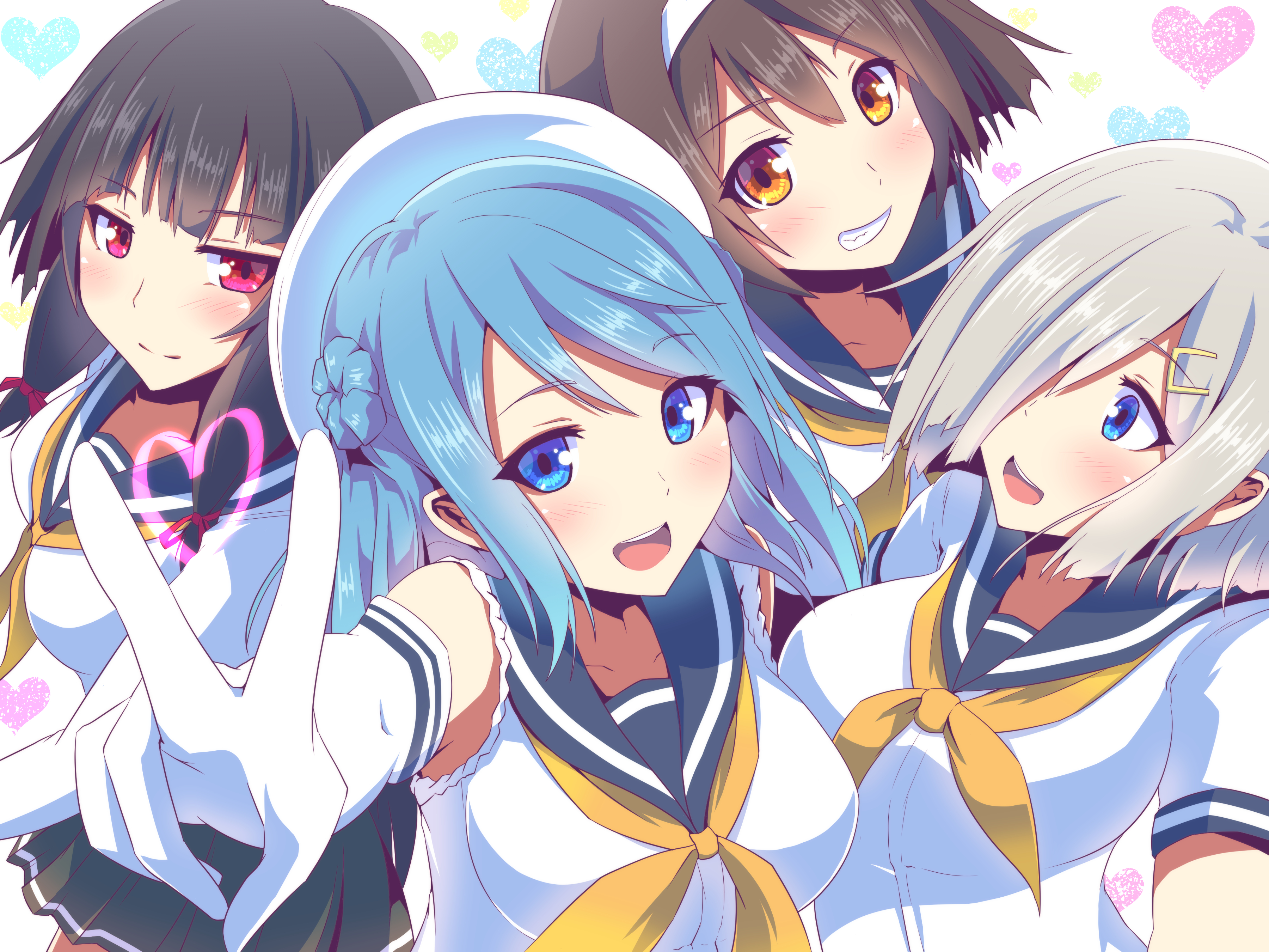 Four anime girls in sailor uniforms HD Wallpaper