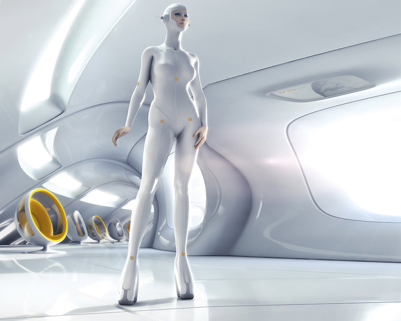 Futuristic woman in white suit in a modern interior HD Wallpaper