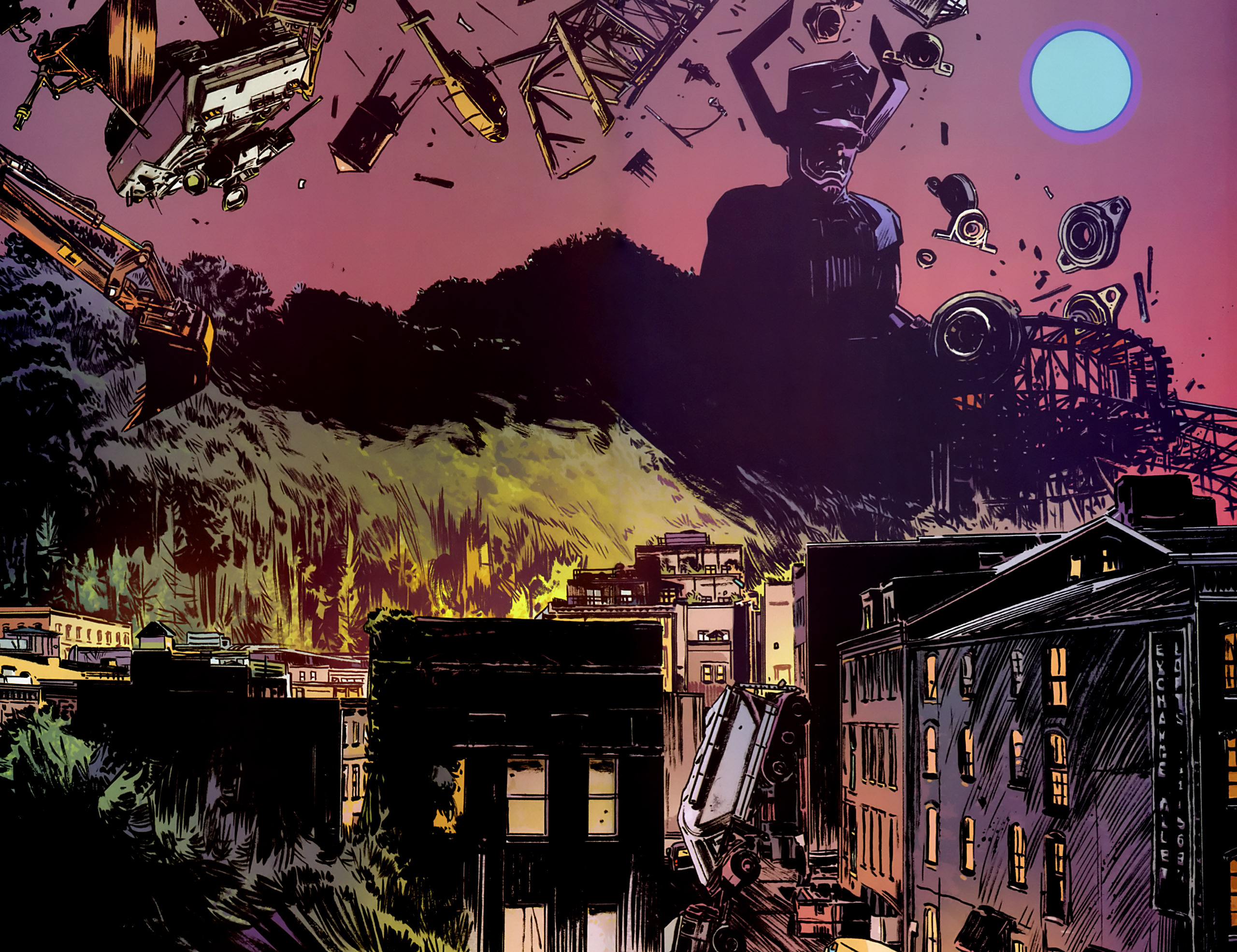 Galactus and debris over a city HD Wallpaper