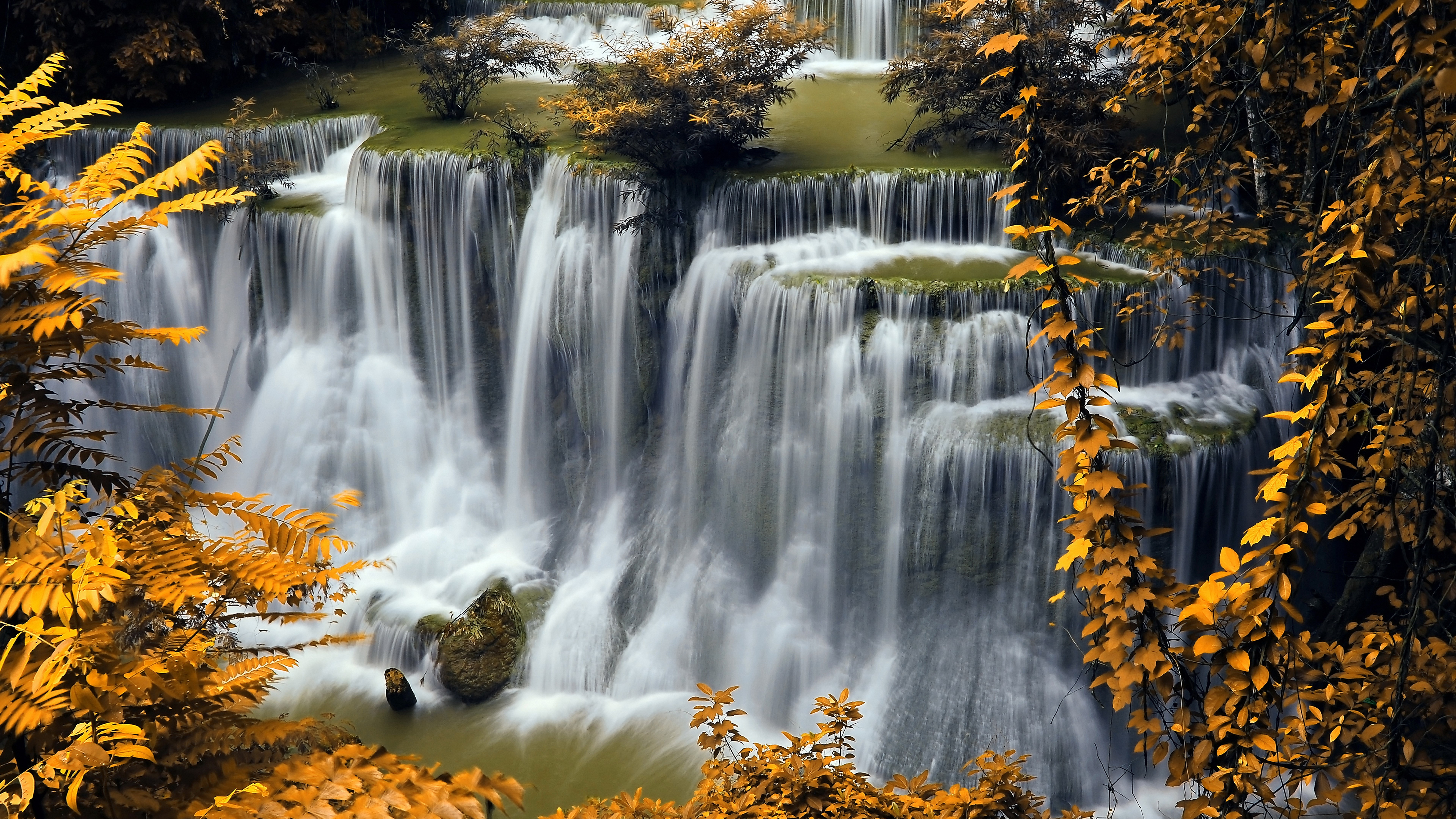 Multi-tiered waterfall with autumn foliage HD Wallpaper
