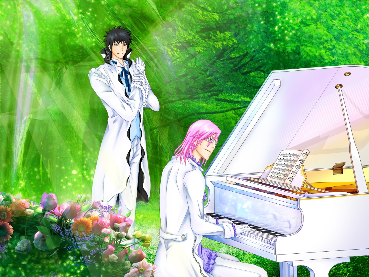 Szayelaporro Granz playing piano in a garden HD Wallpaper