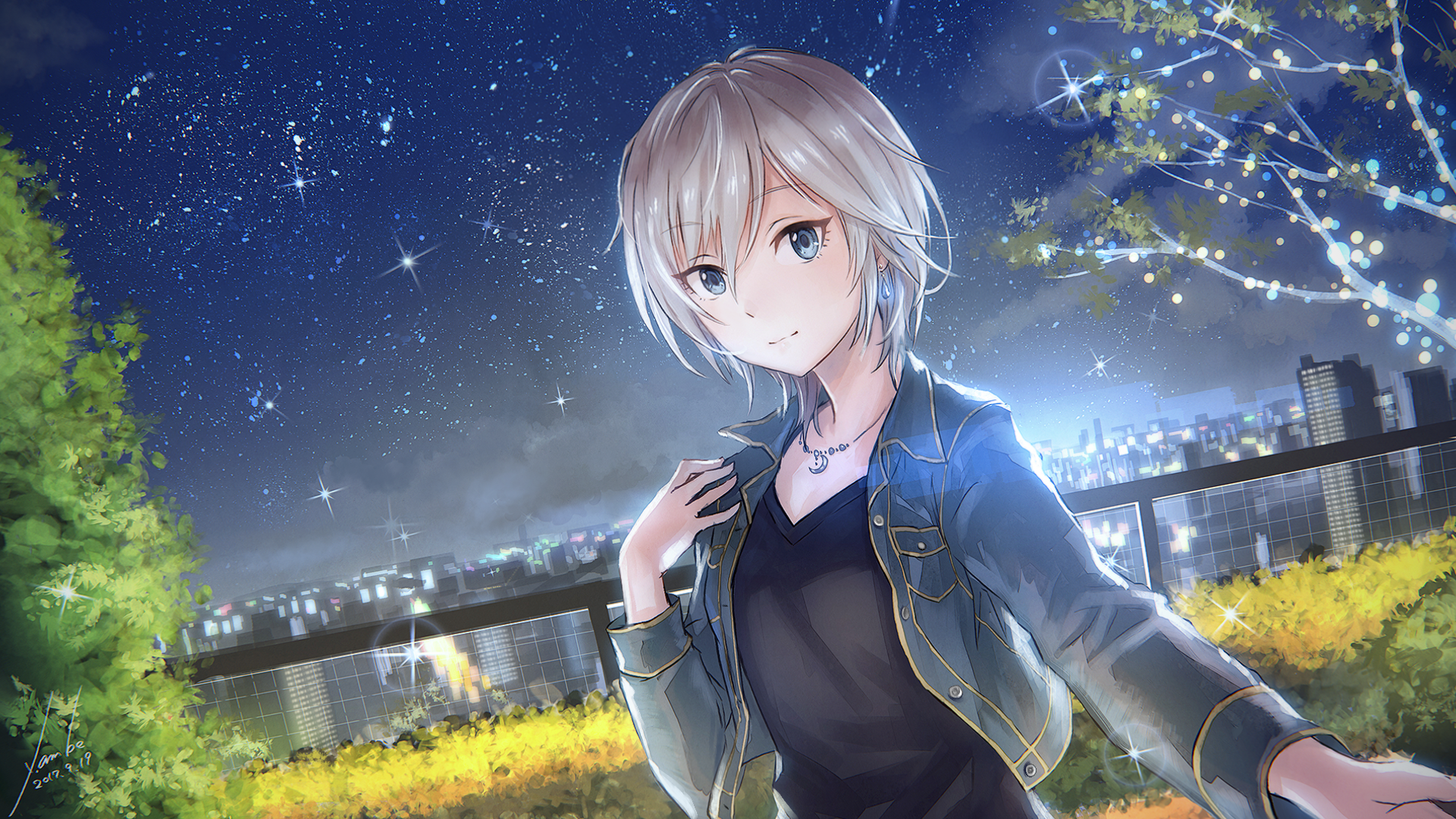 Anastasia from Idolm@ster on a rooftop at night HD Wallpaper