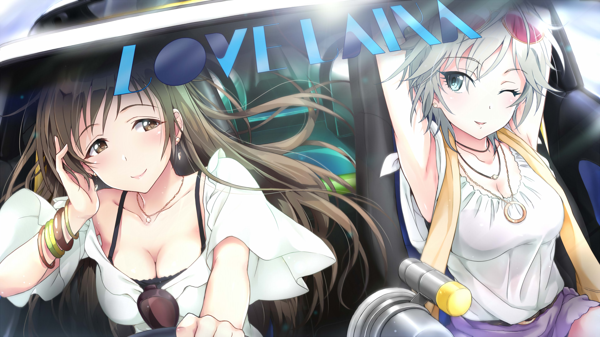 Two girls in a car with "LOVE LAINA" text HD Wallpaper