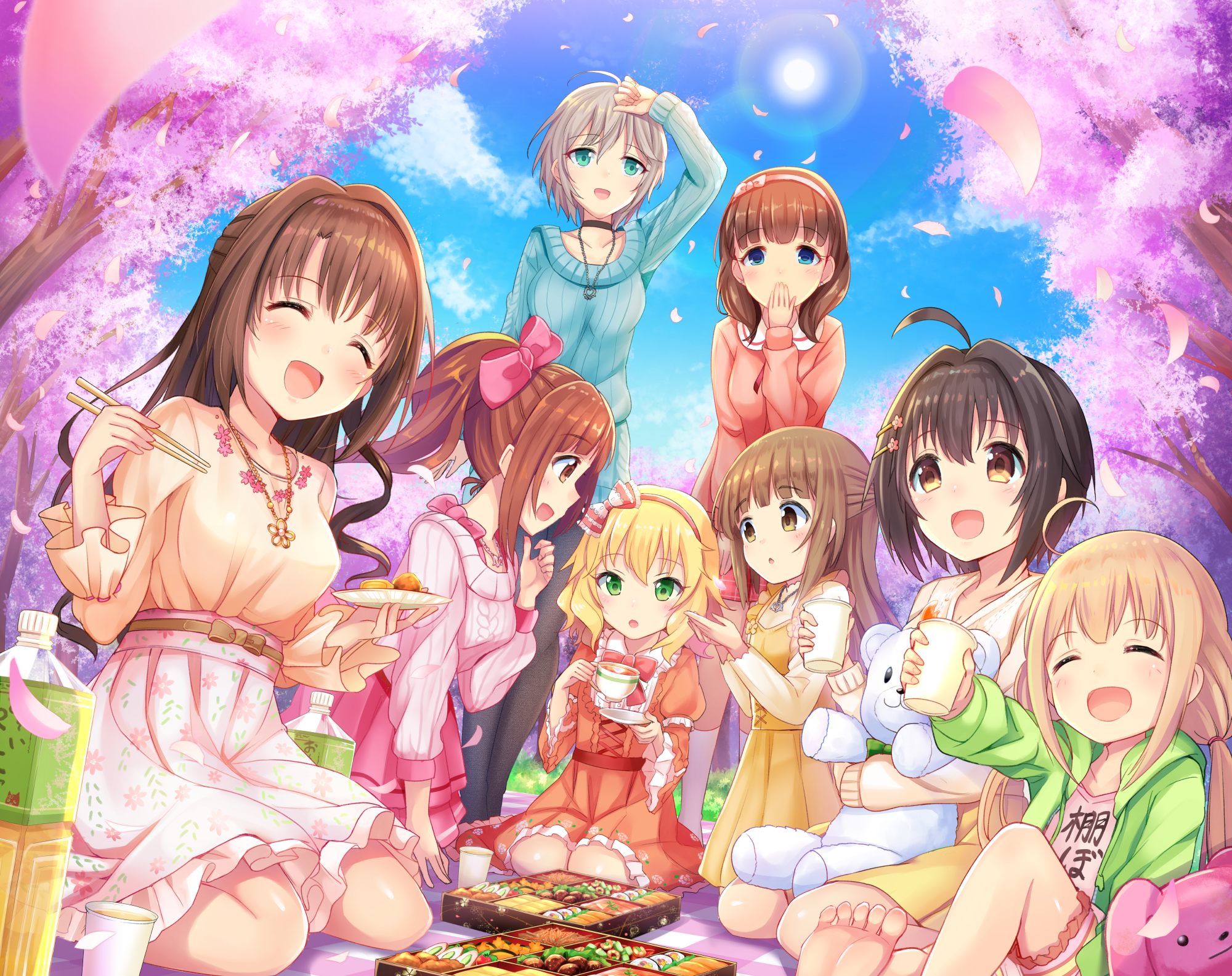 Girls having a picnic under cherry blossoms HD Wallpaper